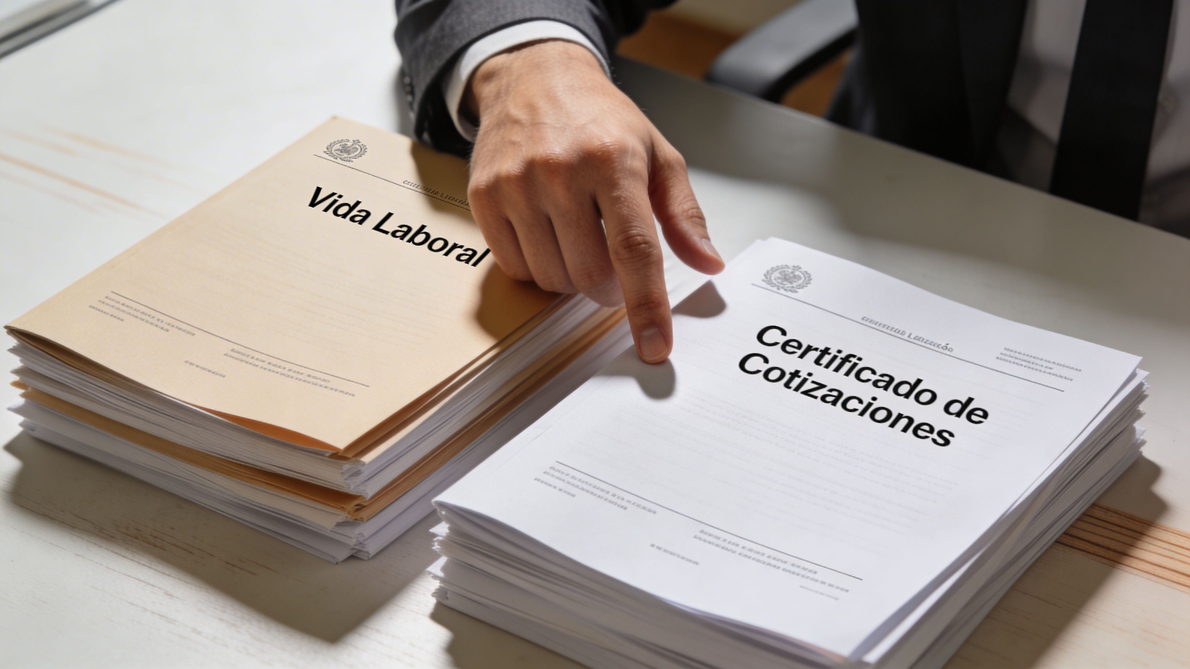 Una mano de hombre de negocios señalando un documento llamado Certificado de Cotizaciones sobre un escritorio