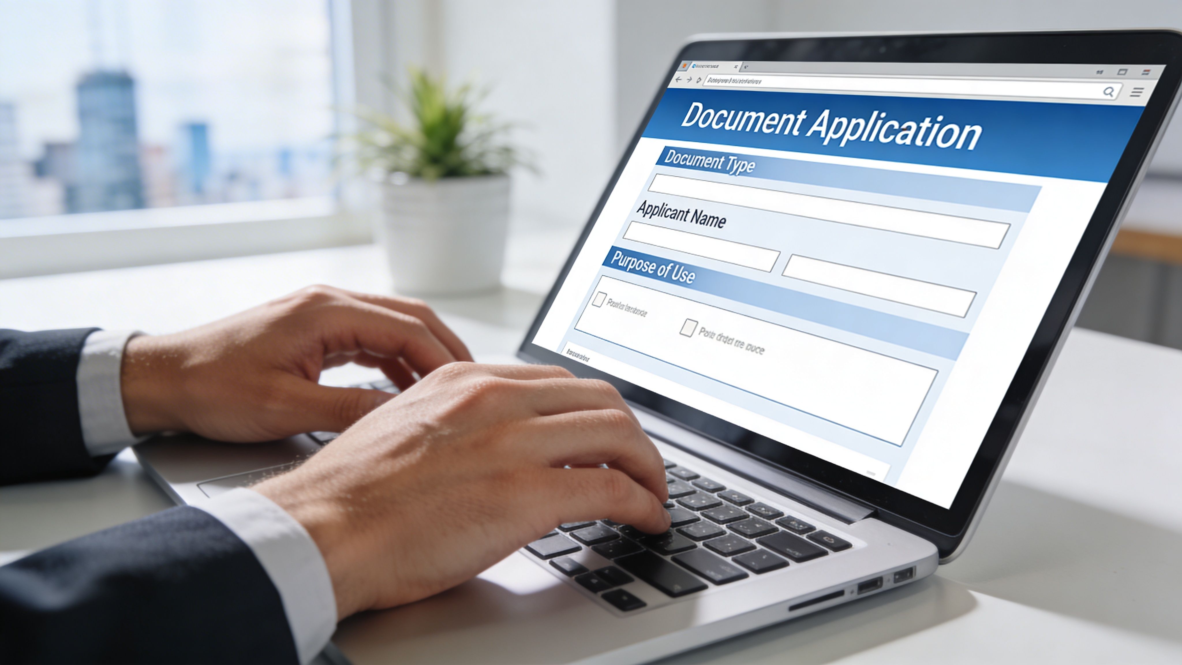 Persona con traje rellenando un formulario de solicitud de documentos en un ordenador portátil en una oficina.