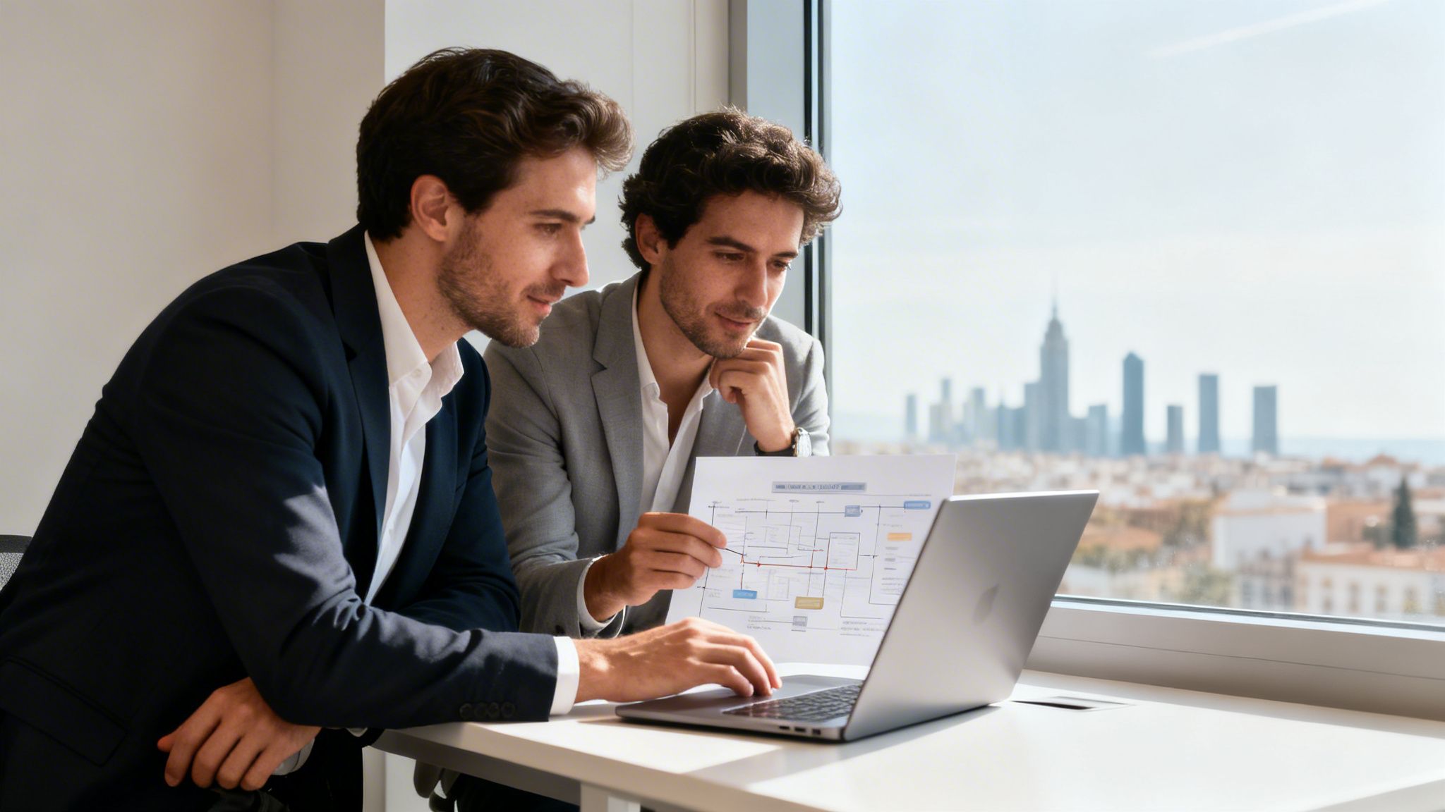 Dos ejecutivos en una oficina moderna discutiendo documentos y usando un portátil con vistas a la ciudad.