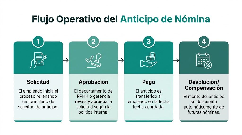 Diagrama de cuatro pasos que explica el proceso operativo de solicitud y pago de anticipo de nómina.