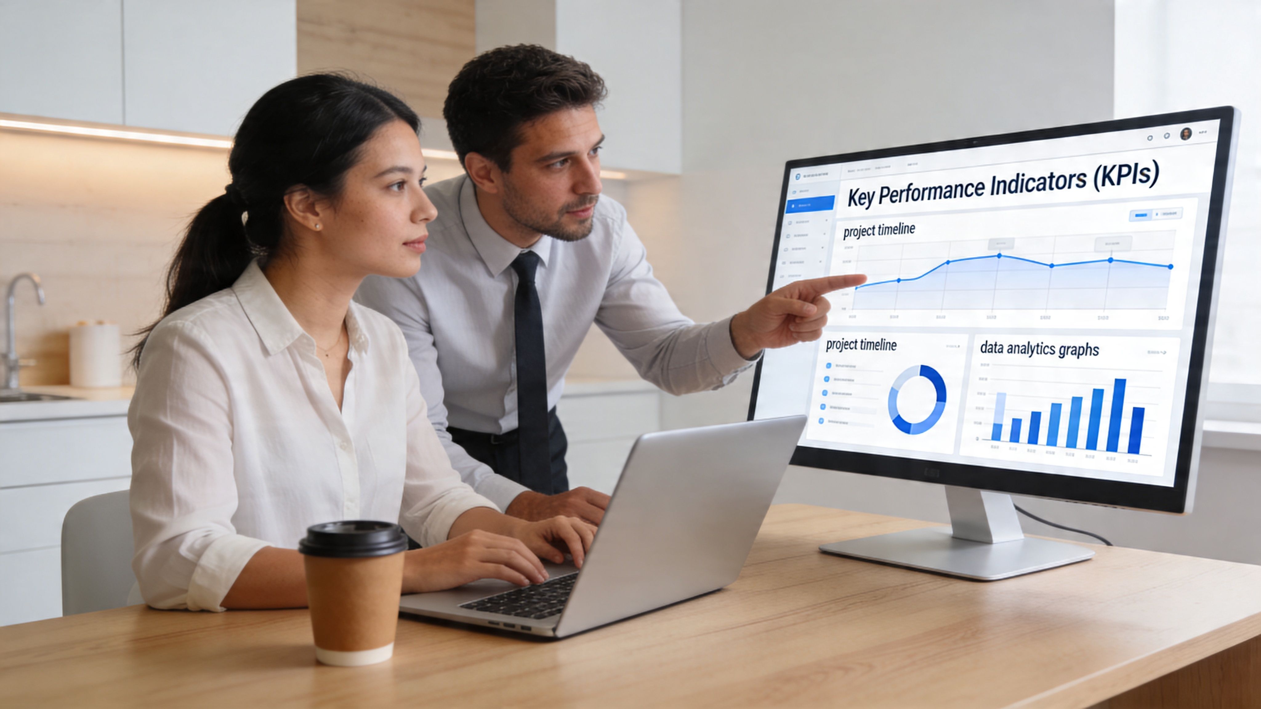 Dos profesionales de negocios revisando indicadores clave de rendimiento en un monitor de computadora en la oficina.