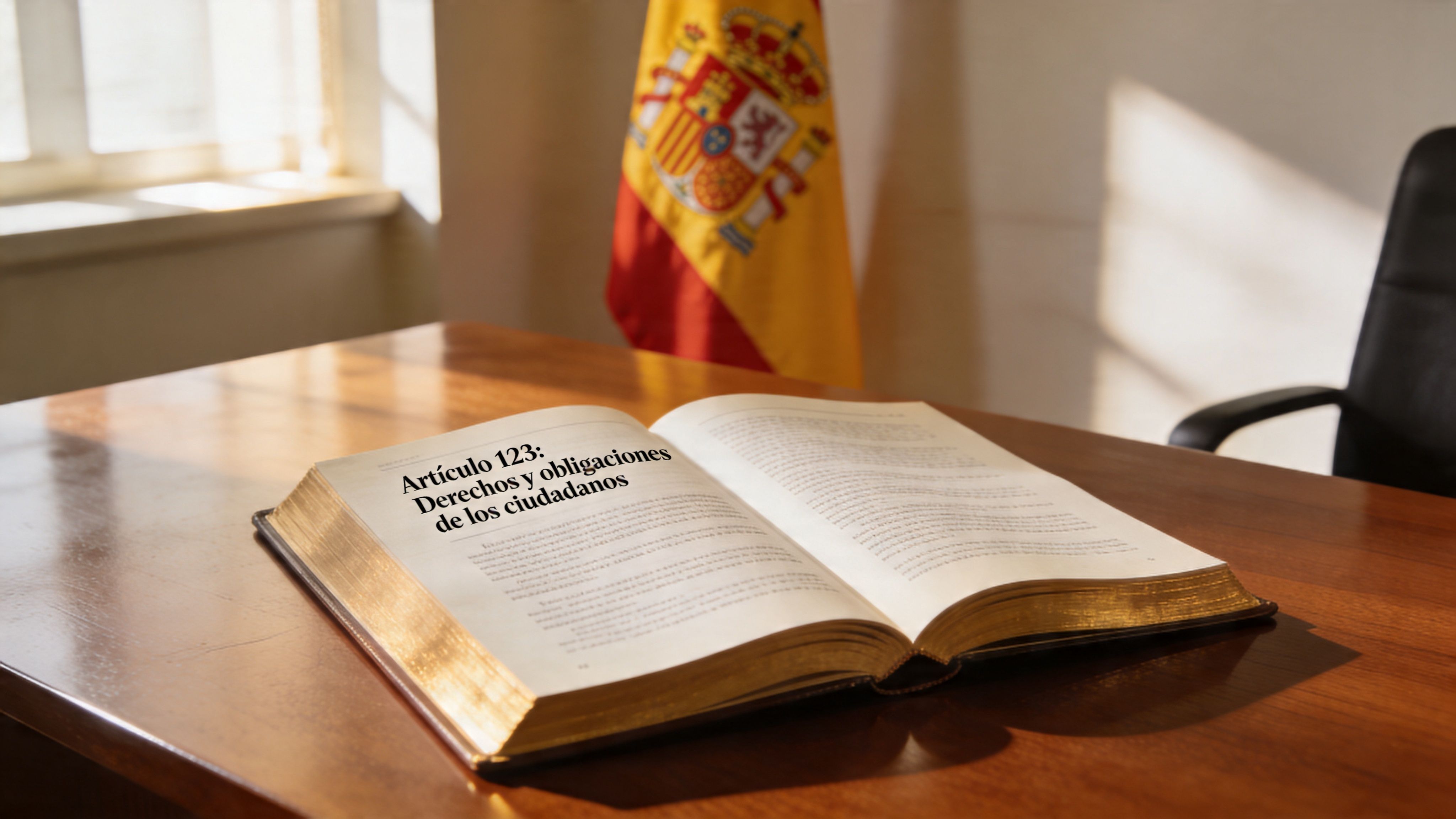 Un libro abierto sobre una mesa de madera con la bandera de España al fondo.