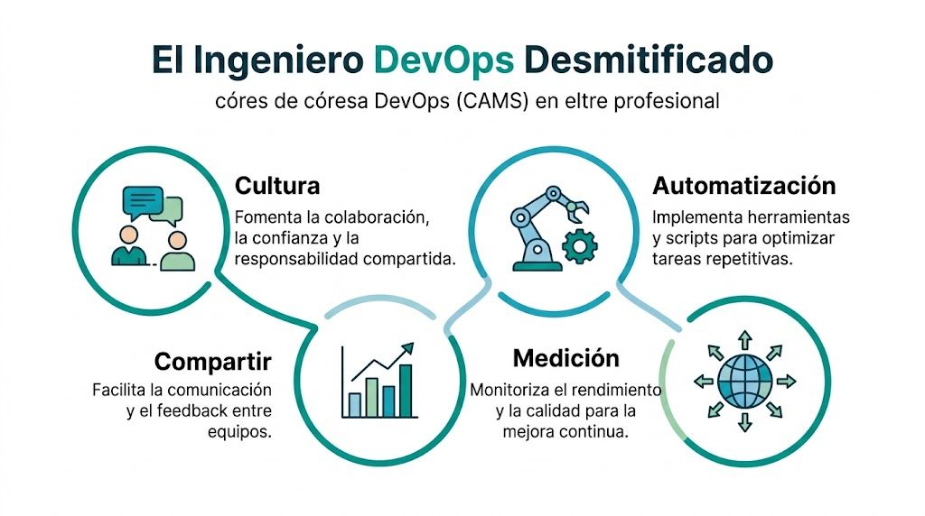 Infografía sobre los principios CAMS de DevOps explicando cultura, automatización, medición y compartir para ingenieros.