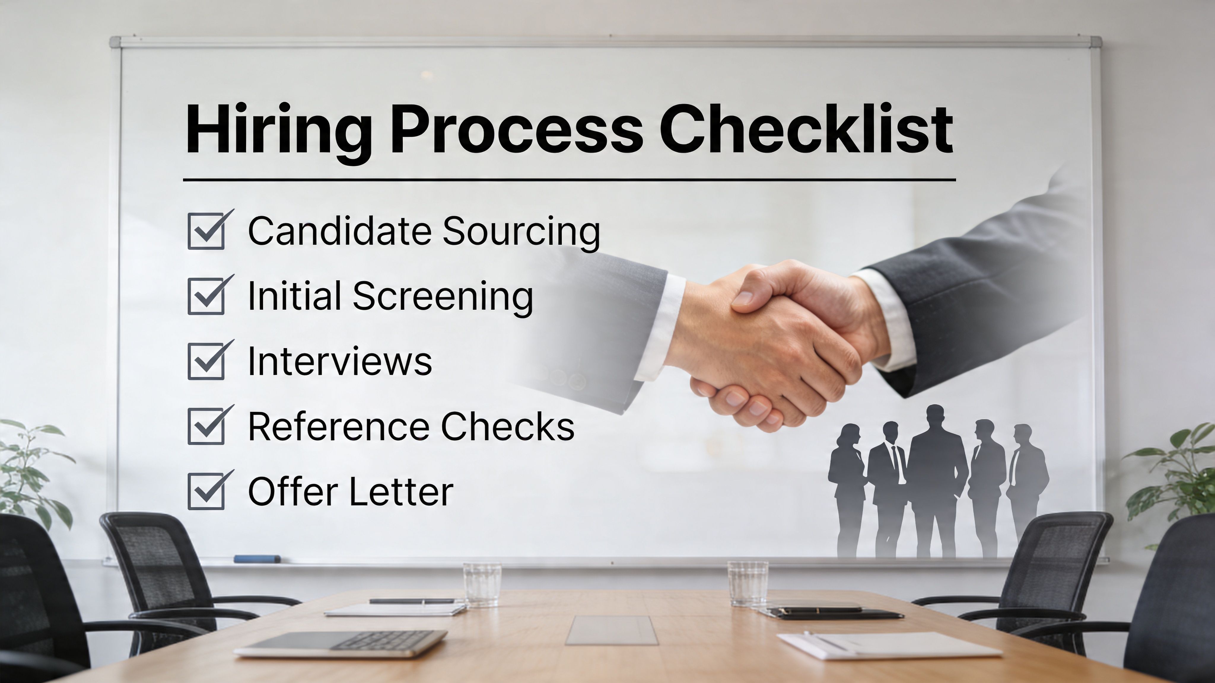 Una lista de verificación del proceso de contratación con una imagen de personas dándose la mano en una pizarra