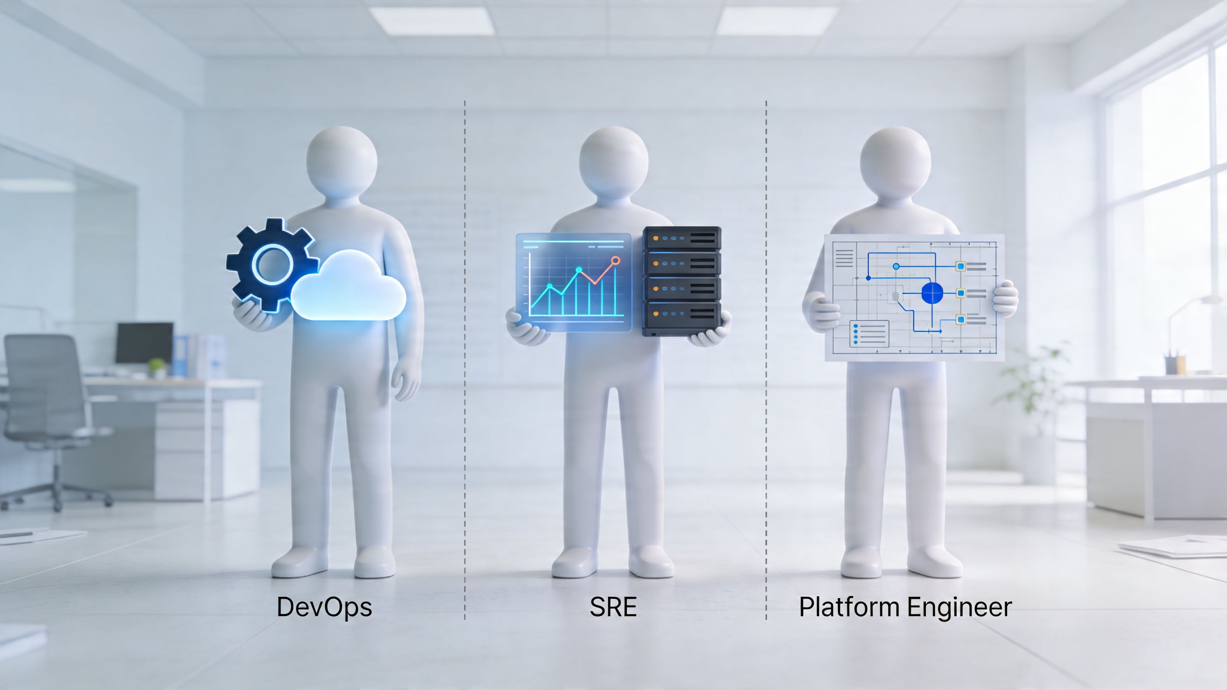 Representación visual de tres roles tecnológicos: ingeniero DevOps, SRE e ingeniero de plataforma en una oficina moderna.