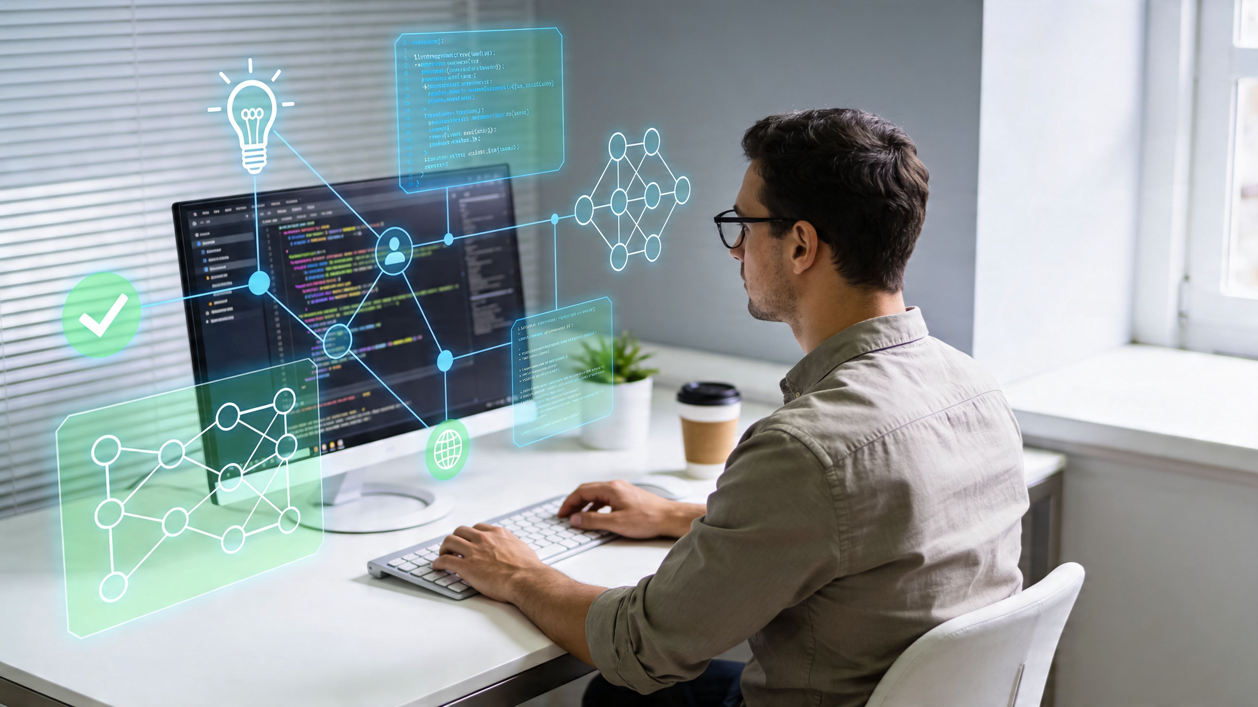 Un ingeniero de software trabajando en su computadora con gráficos digitales que representan redes y desarrollo tecnológico.