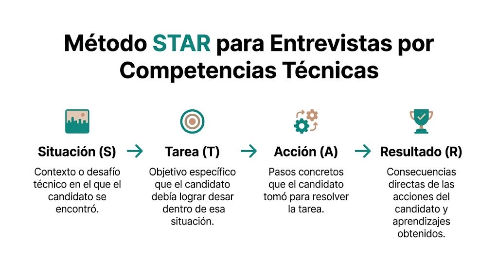 Diagrama del método STAR explicando los pasos Situación, Tarea, Acción y Resultado para entrevistas por competencias técnicas.