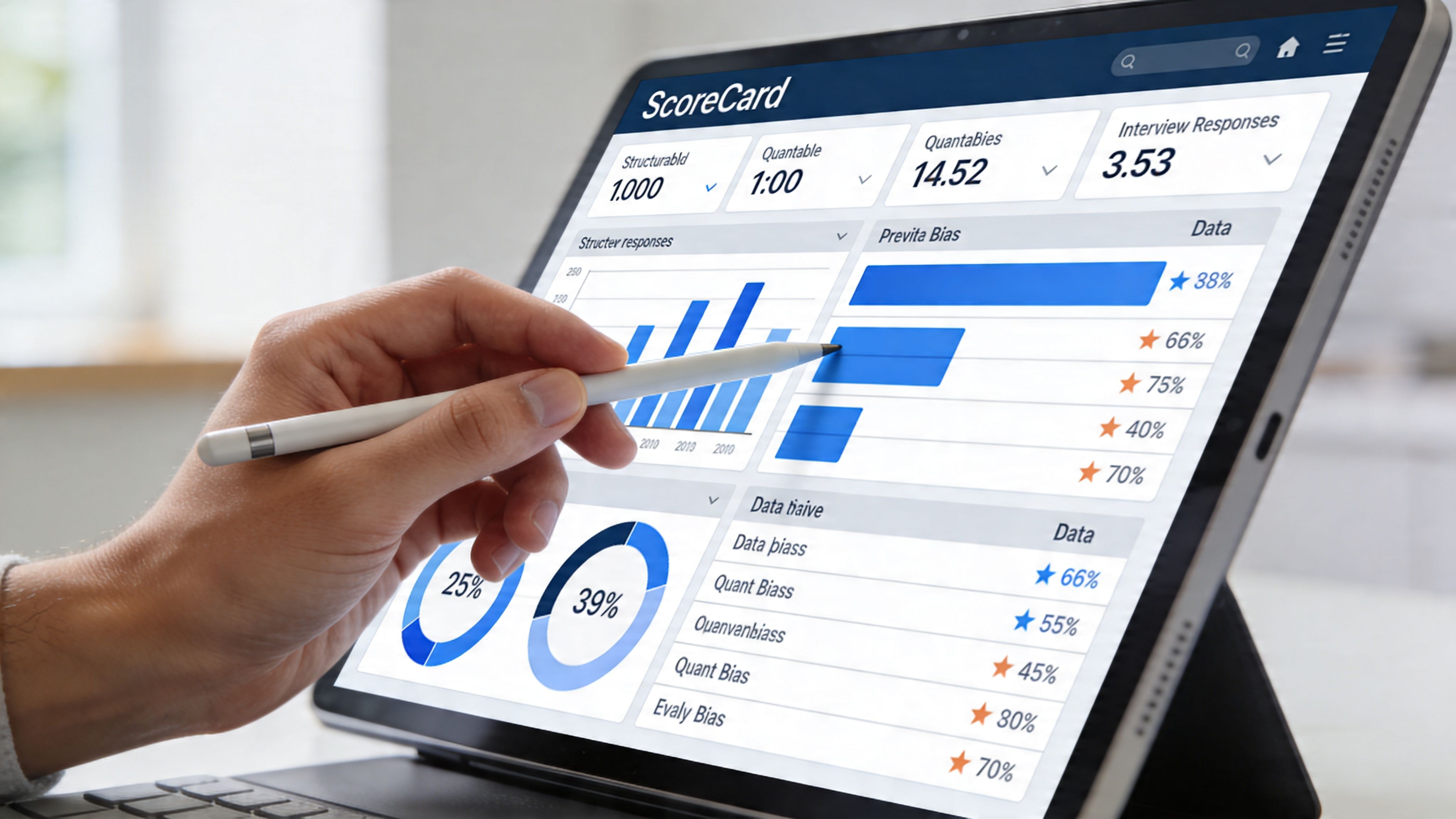 Una mano utiliza un lápiz óptico para interactuar con gráficos de rendimiento y datos en una tableta digital.