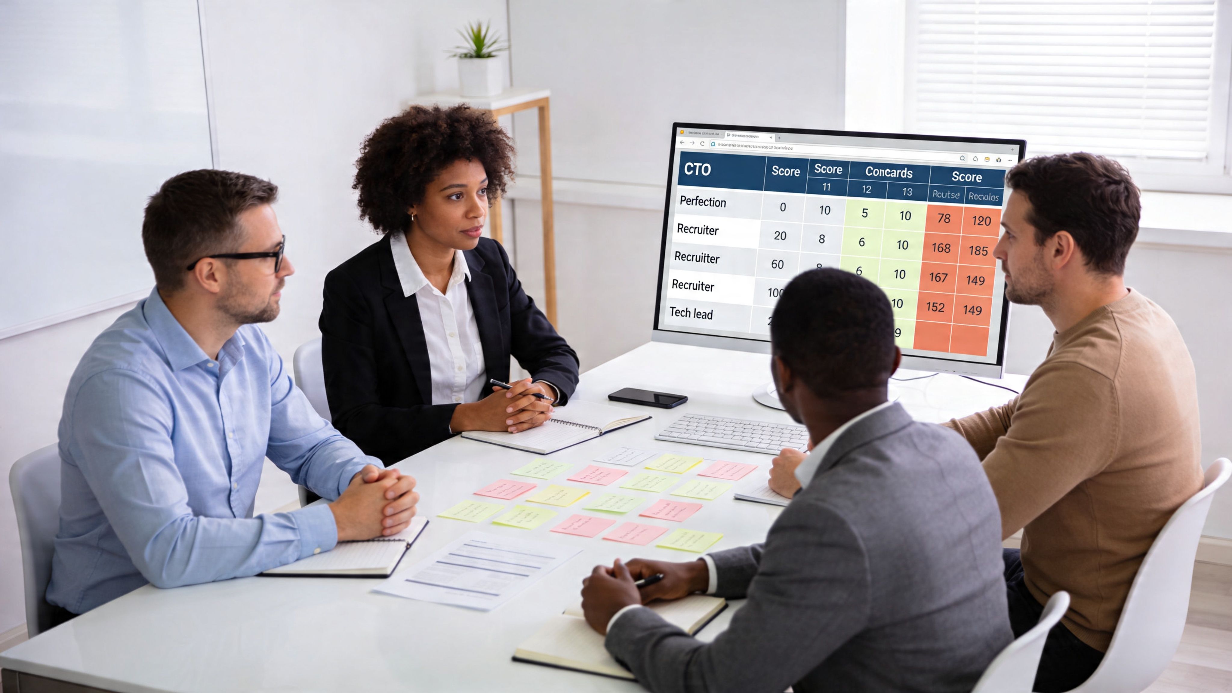 Un equipo profesional analizando datos de entrevistas de trabajo en una reunión corporativa en la oficina.