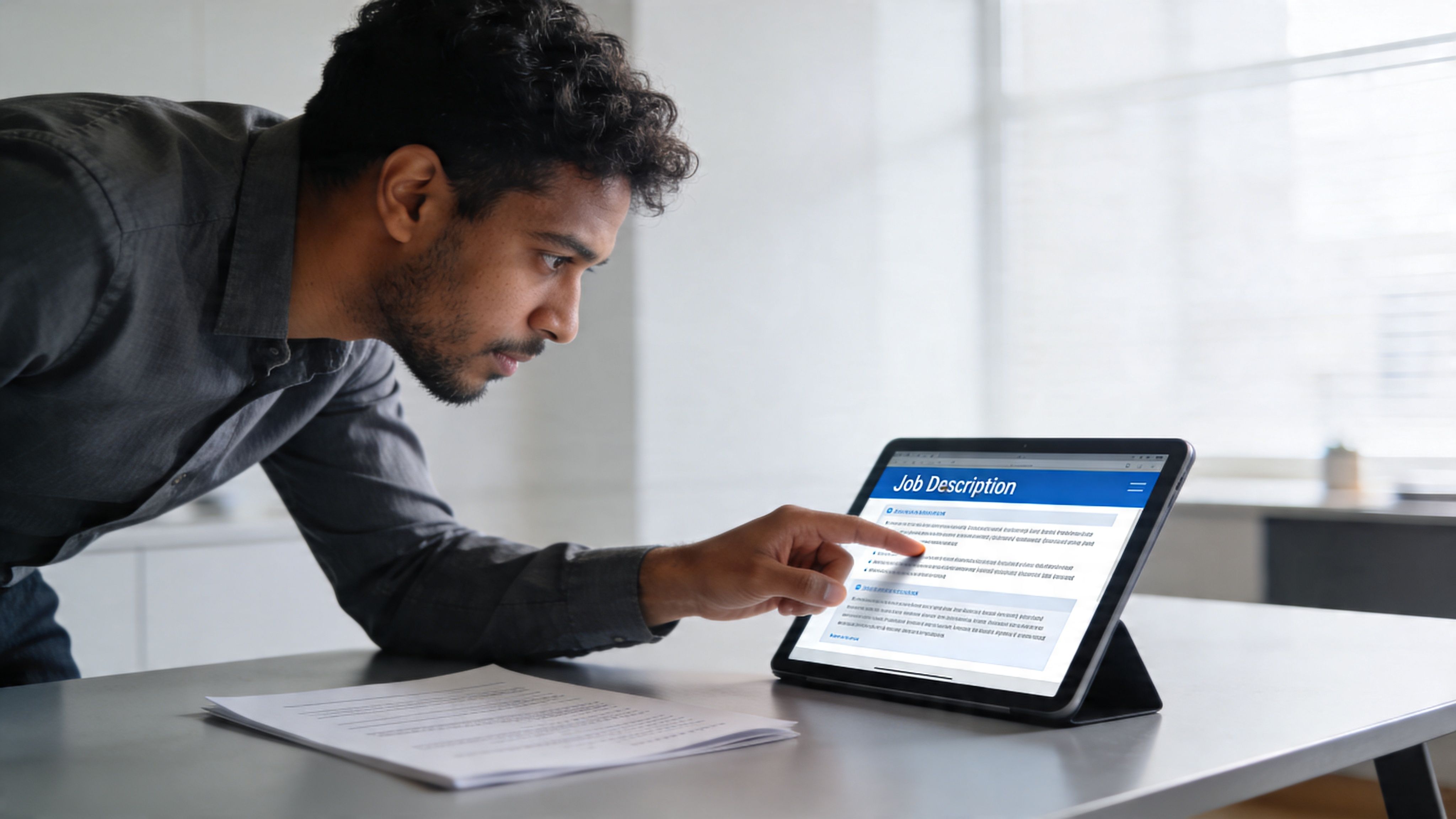 Un hombre joven enfocado lee detenidamente la descripción de un puesto de trabajo en su tableta digital.