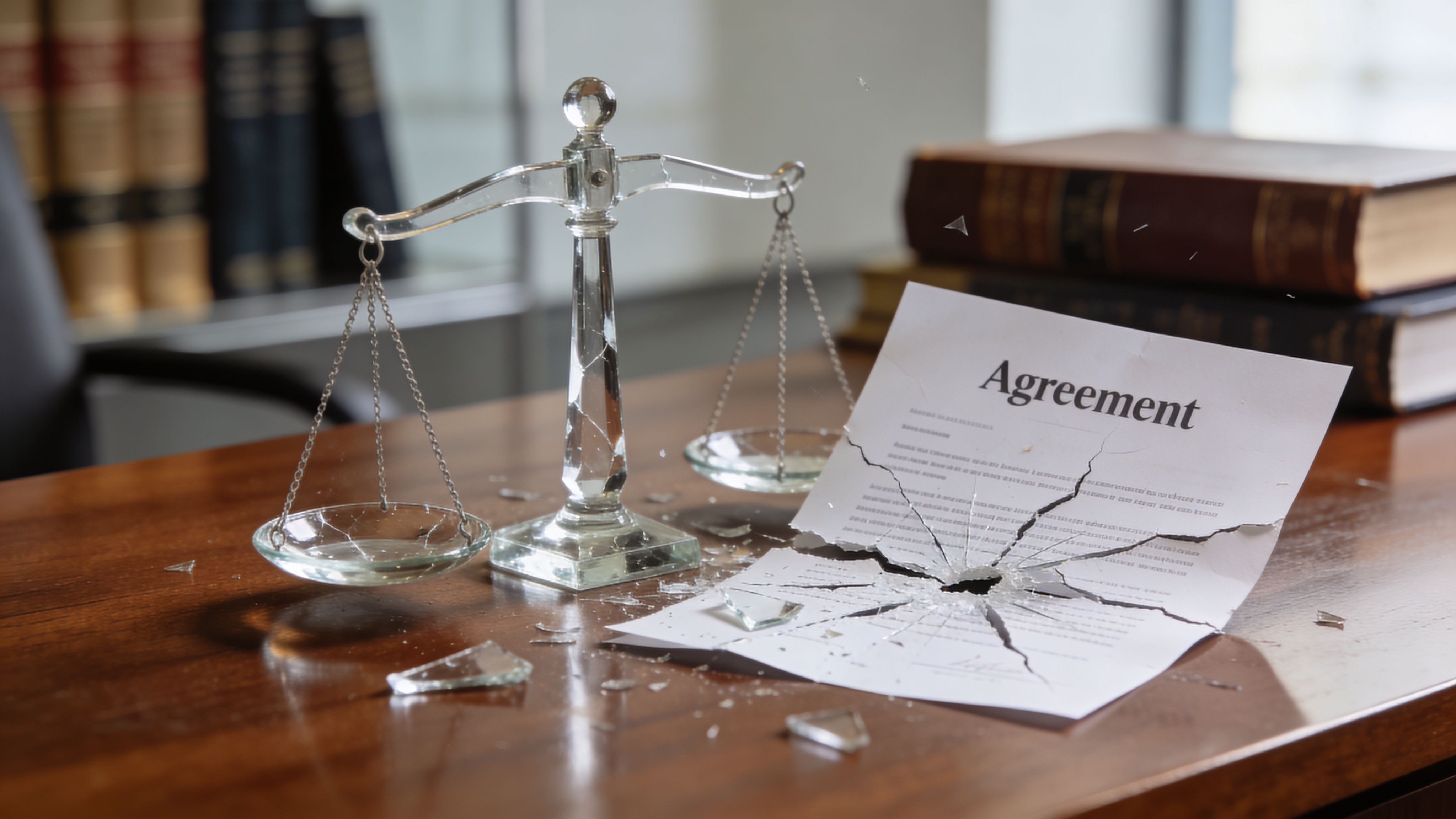 Una balanza de la justicia rota junto a un documento de acuerdo destruido sobre un escritorio de madera.