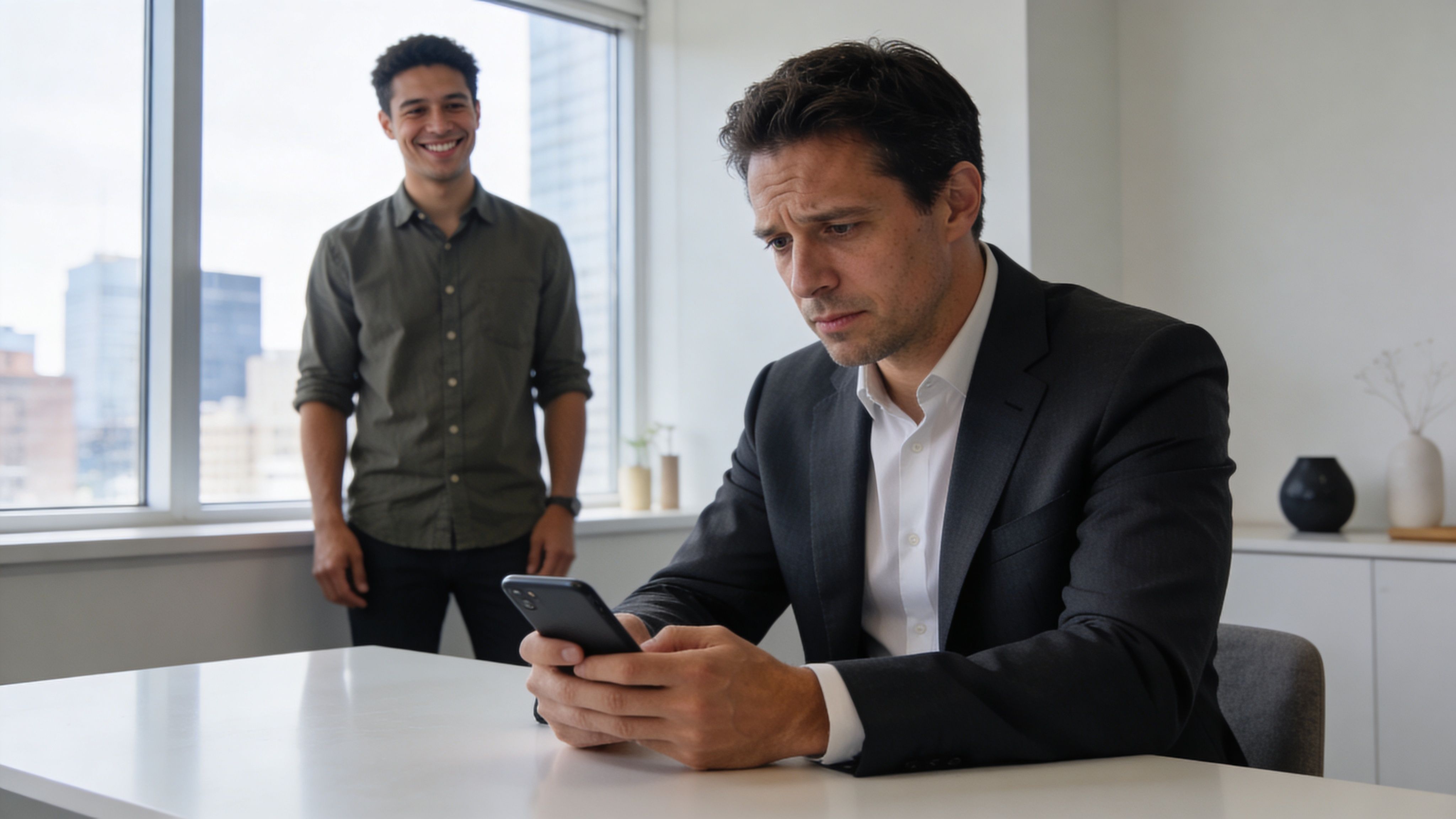 Un hombre con traje revisa su teléfono mientras un colega sonriente lo observa desde atrás en la oficina.