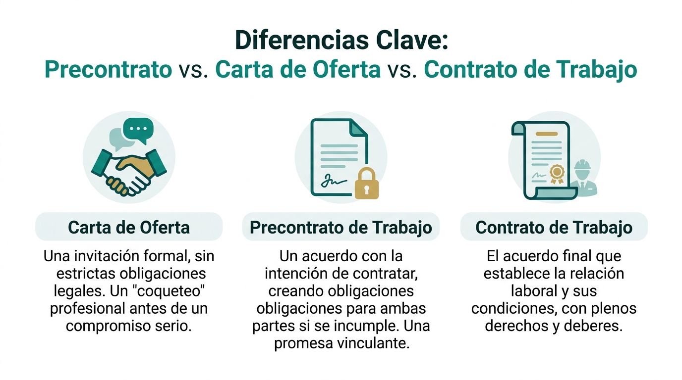 Infografía comparativa sobre las diferencias entre la carta de oferta, el precontrato y el contrato de trabajo.