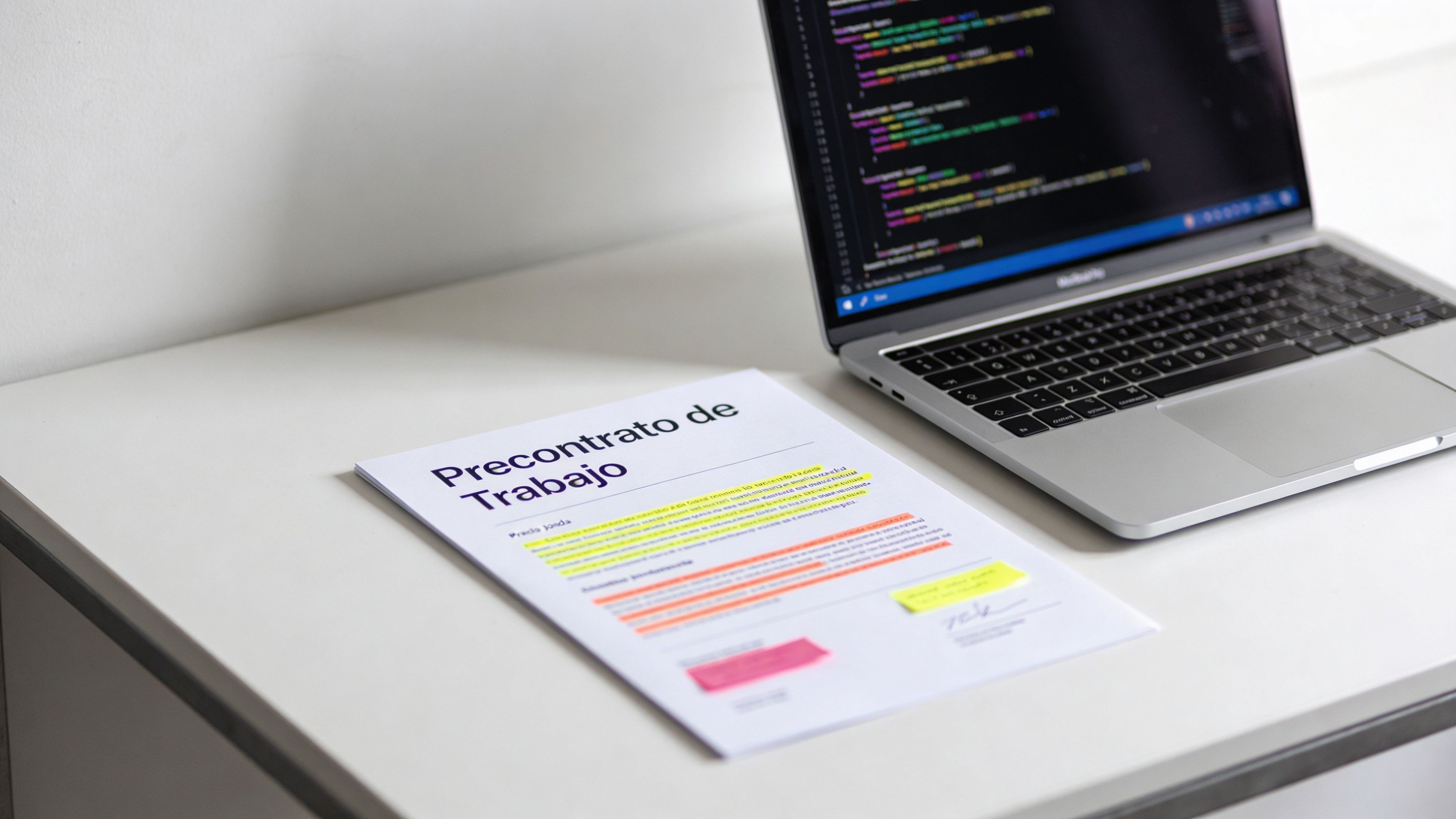 Un documento de precontrato de trabajo sobre un escritorio junto a una computadora portátil con código visible.