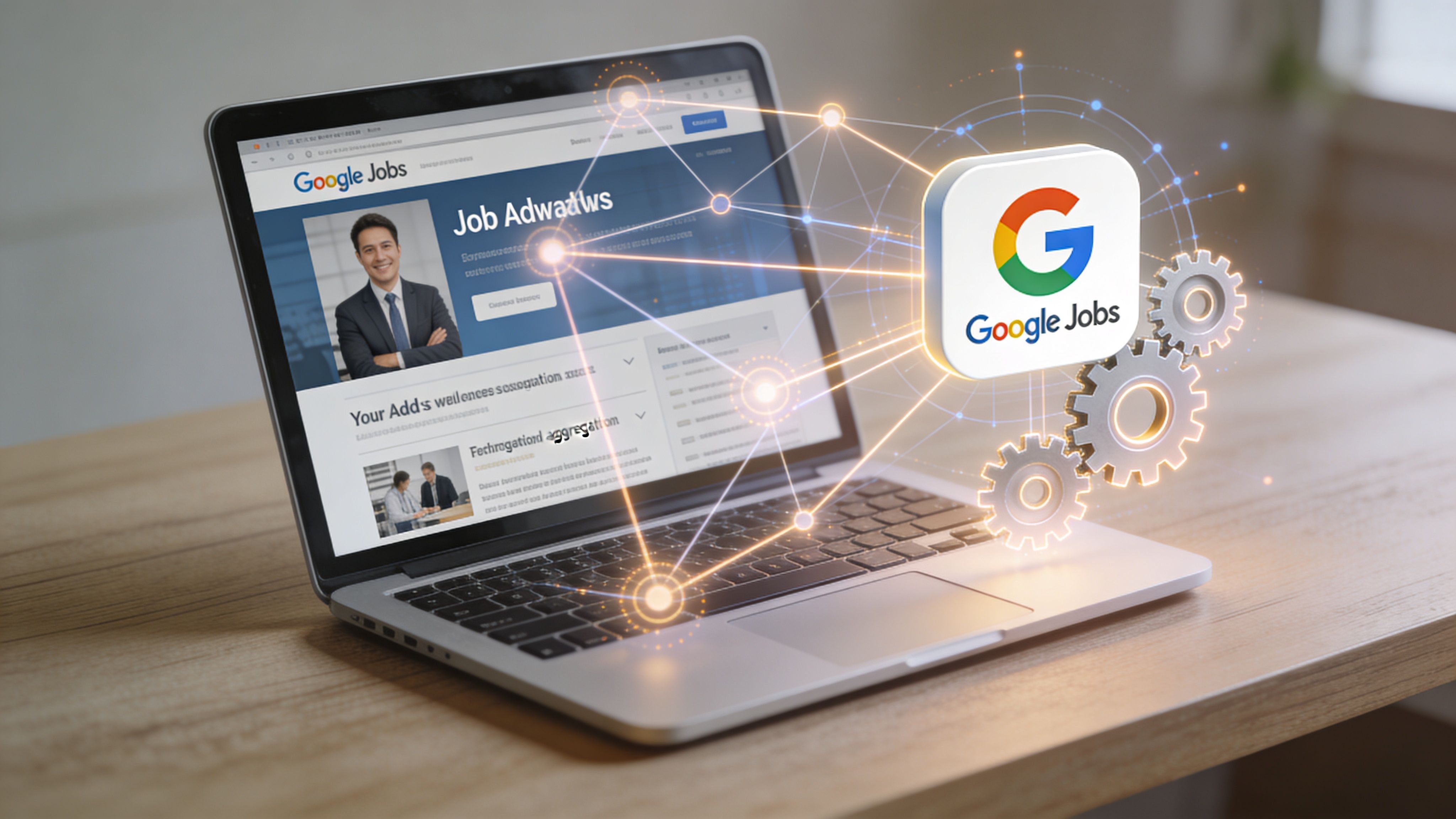 Un ordenador portátil con una pantalla que muestra Google Jobs y gráficos de red digital conectados.