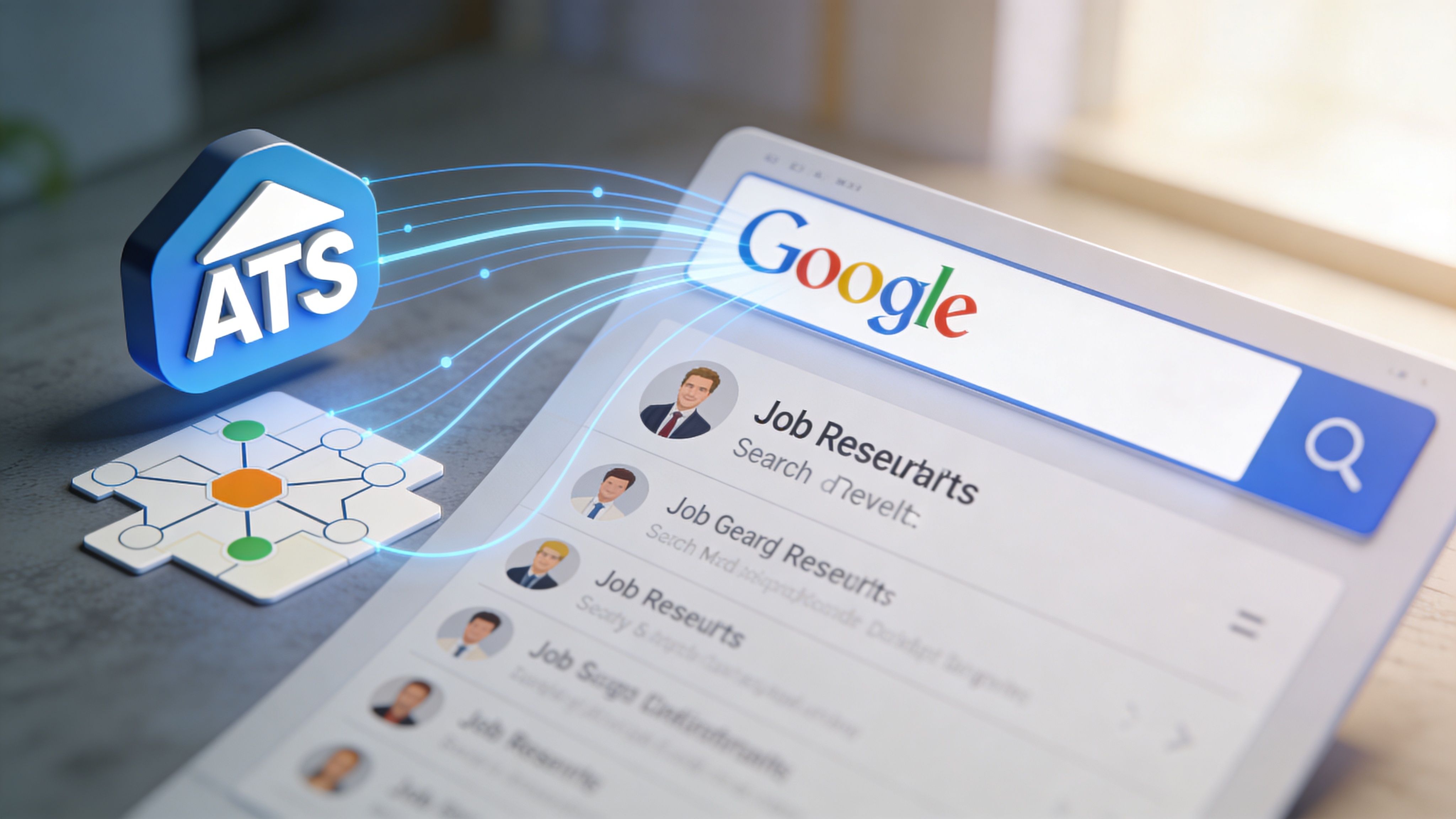 Icono de ATS conectado digitalmente a resultados de búsqueda de empleo en Google en una tableta.