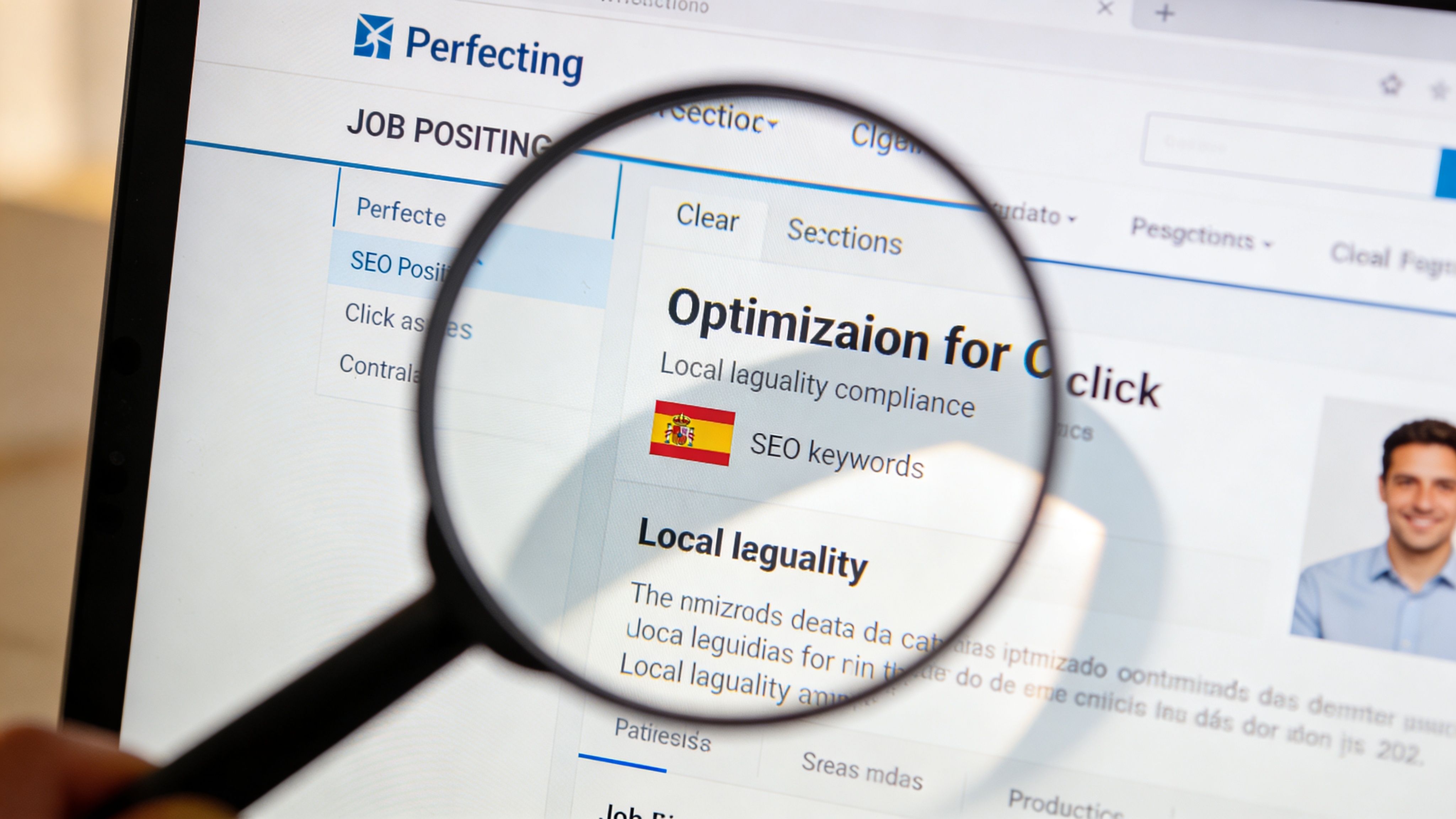 Una lupa enfocada en la pantalla de una computadora que muestra una búsqueda de empleo SEO para España.