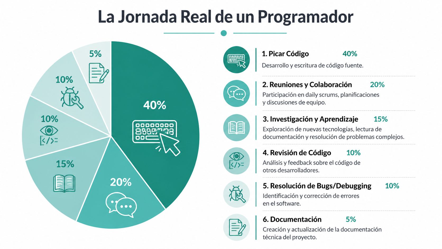 Gráfico circular detallando la distribución porcentual de las tareas diarias de un programador profesional.