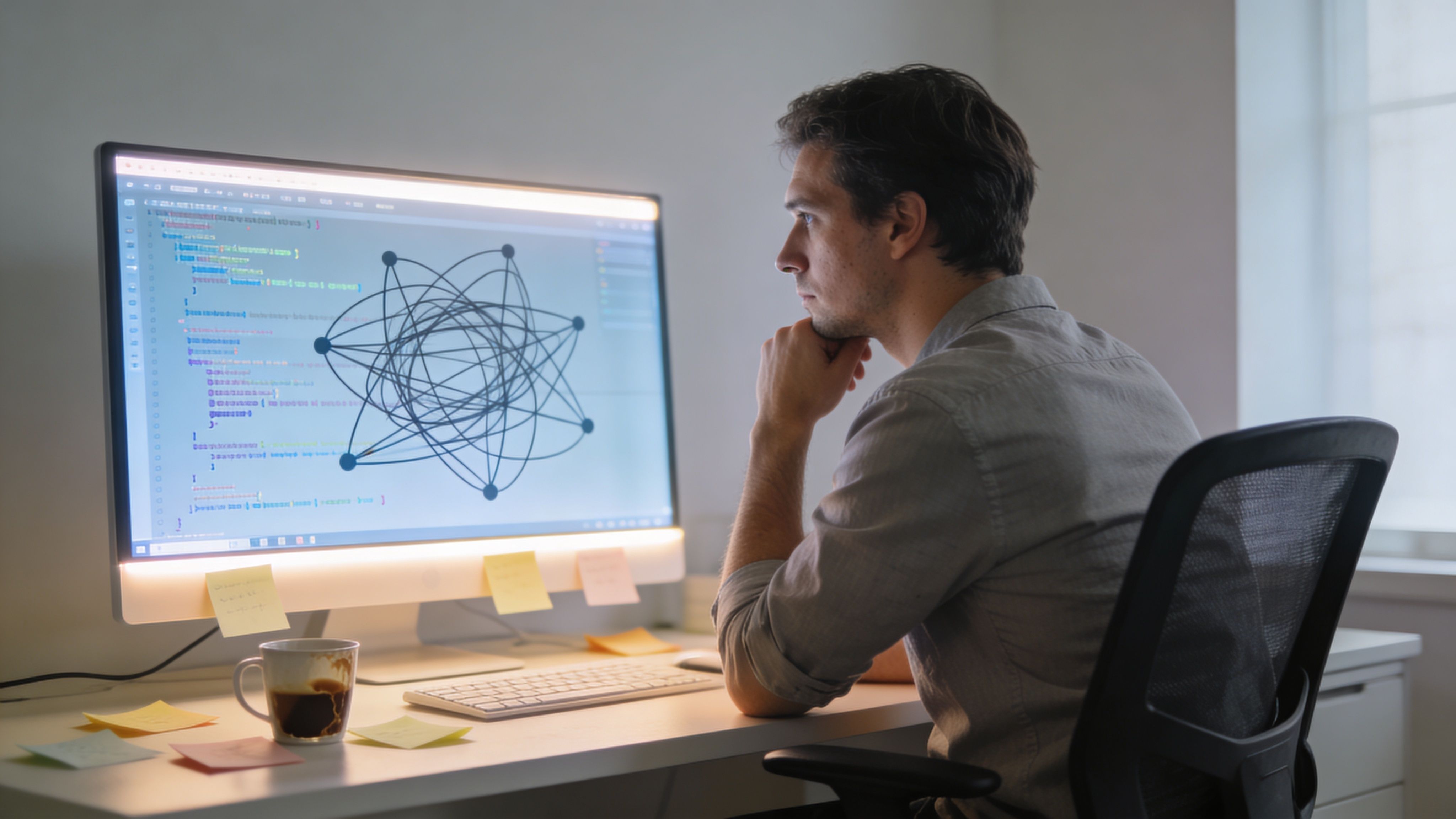 Programador concentrado sentado frente a su computadora trabajando en código y diagramas de redes en su oficina