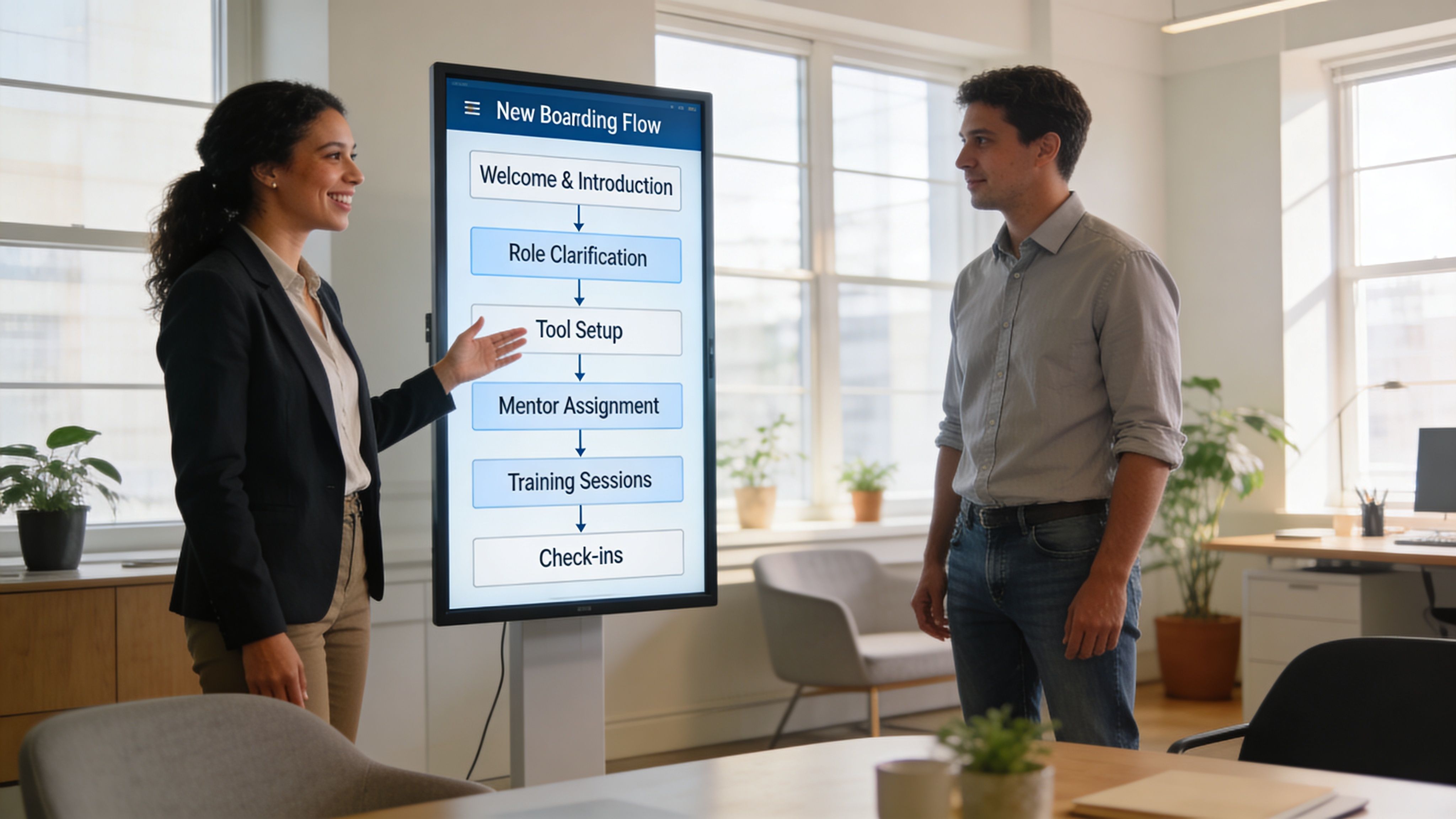 Una mujer que explica un flujo de incorporación a un compañero en una oficina moderna.
