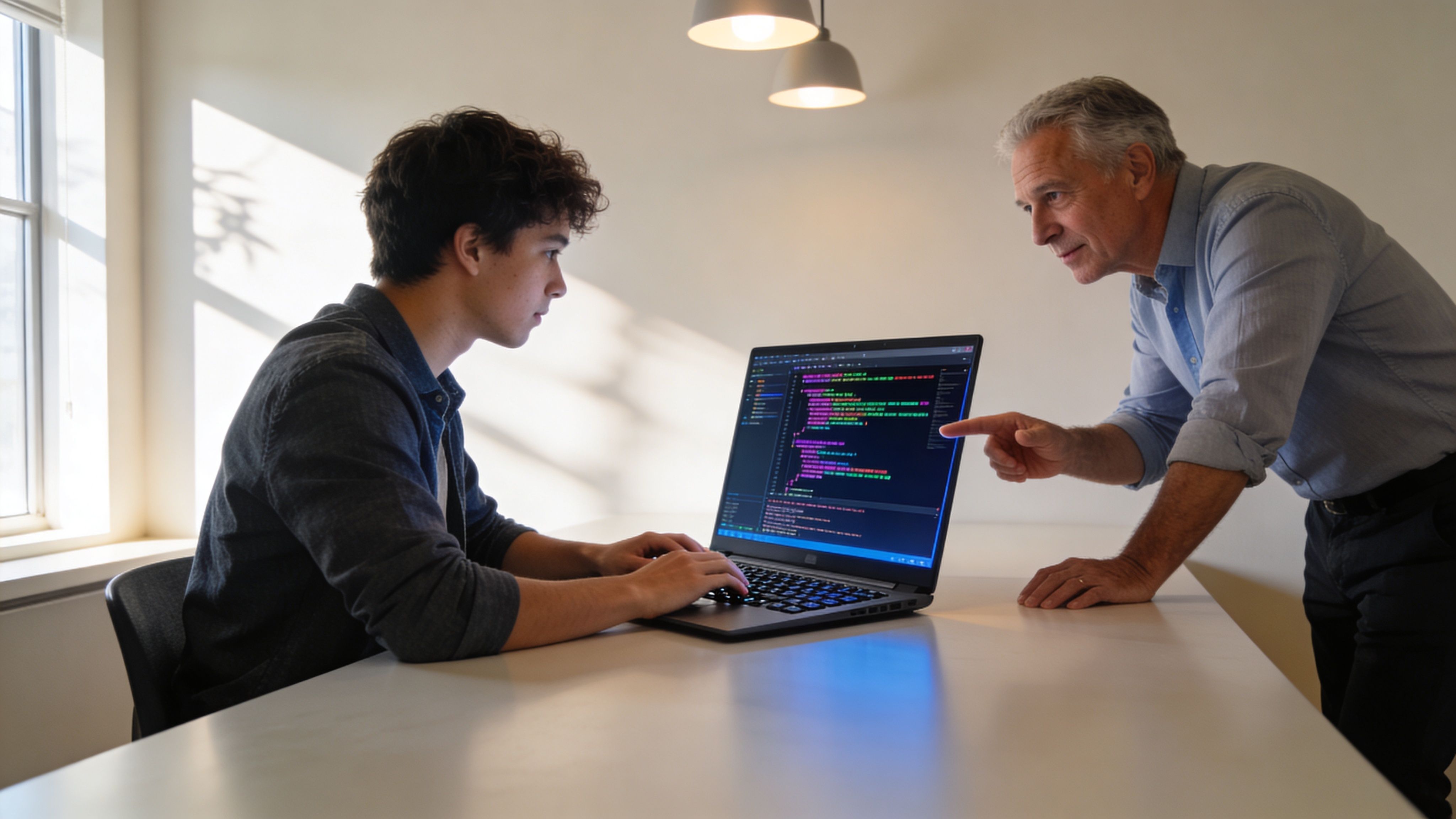 Un programador joven sentado frente a un portátil mientras un mentor experimentado le señala el código