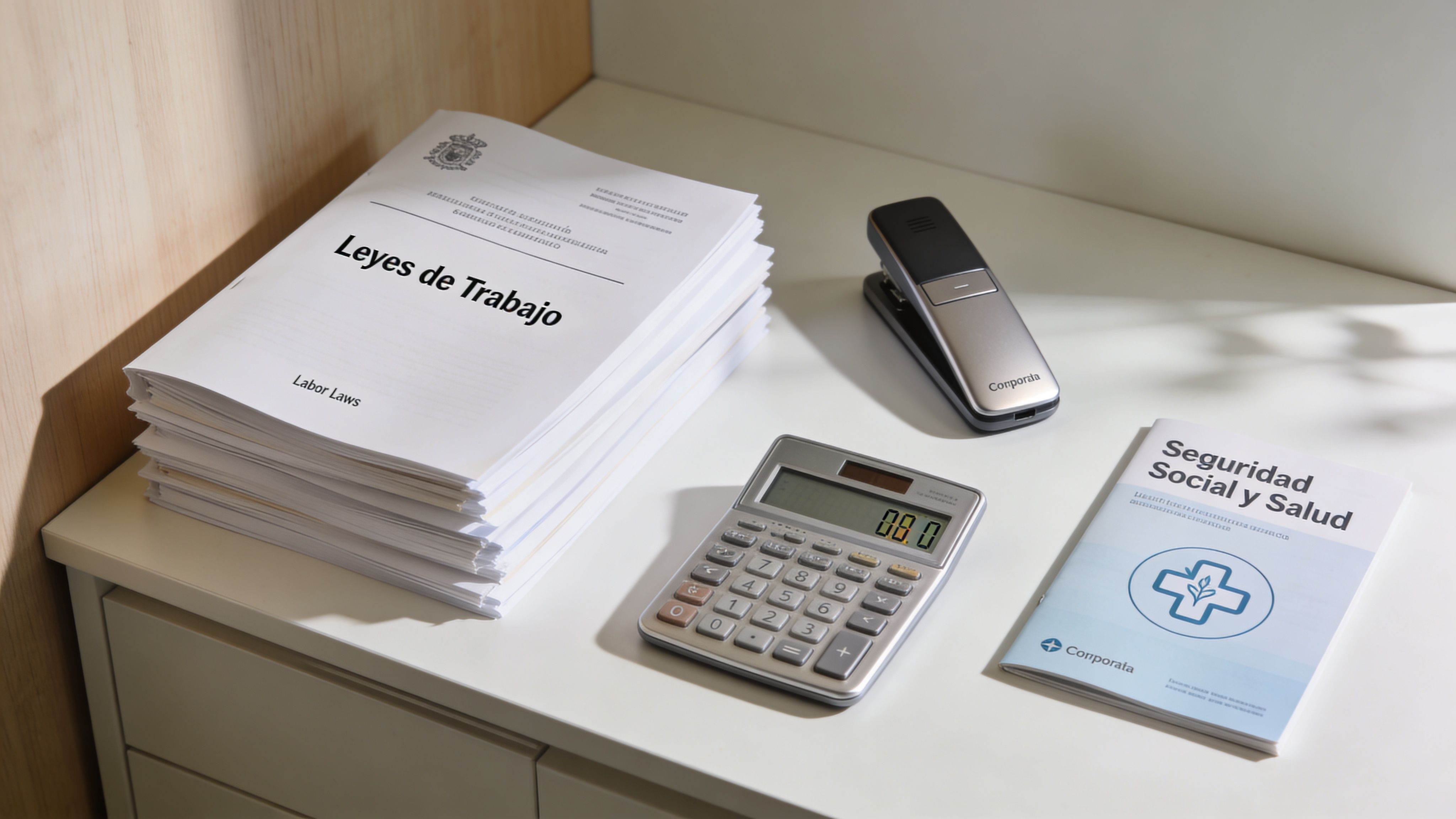 Una pila de documentos de leyes laborales junto a una calculadora y un manual de seguridad social.
