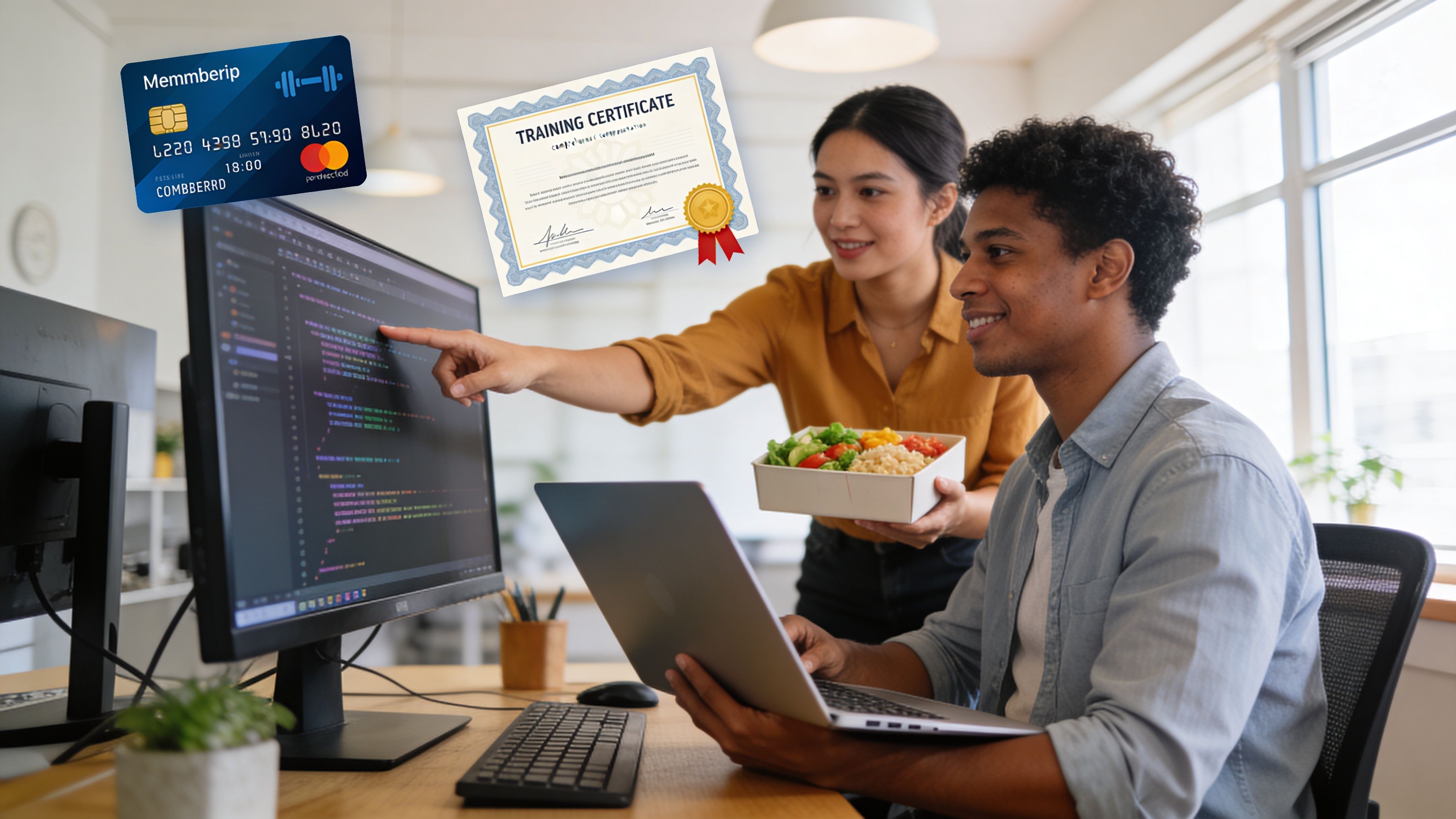 Una joven y un joven trabajan juntos frente a computadoras mientras comparten una comida saludable en oficina.
