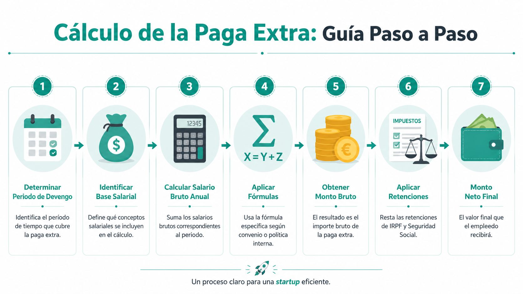 Infografía paso a paso que explica el proceso para calcular la paga extra de los empleados.