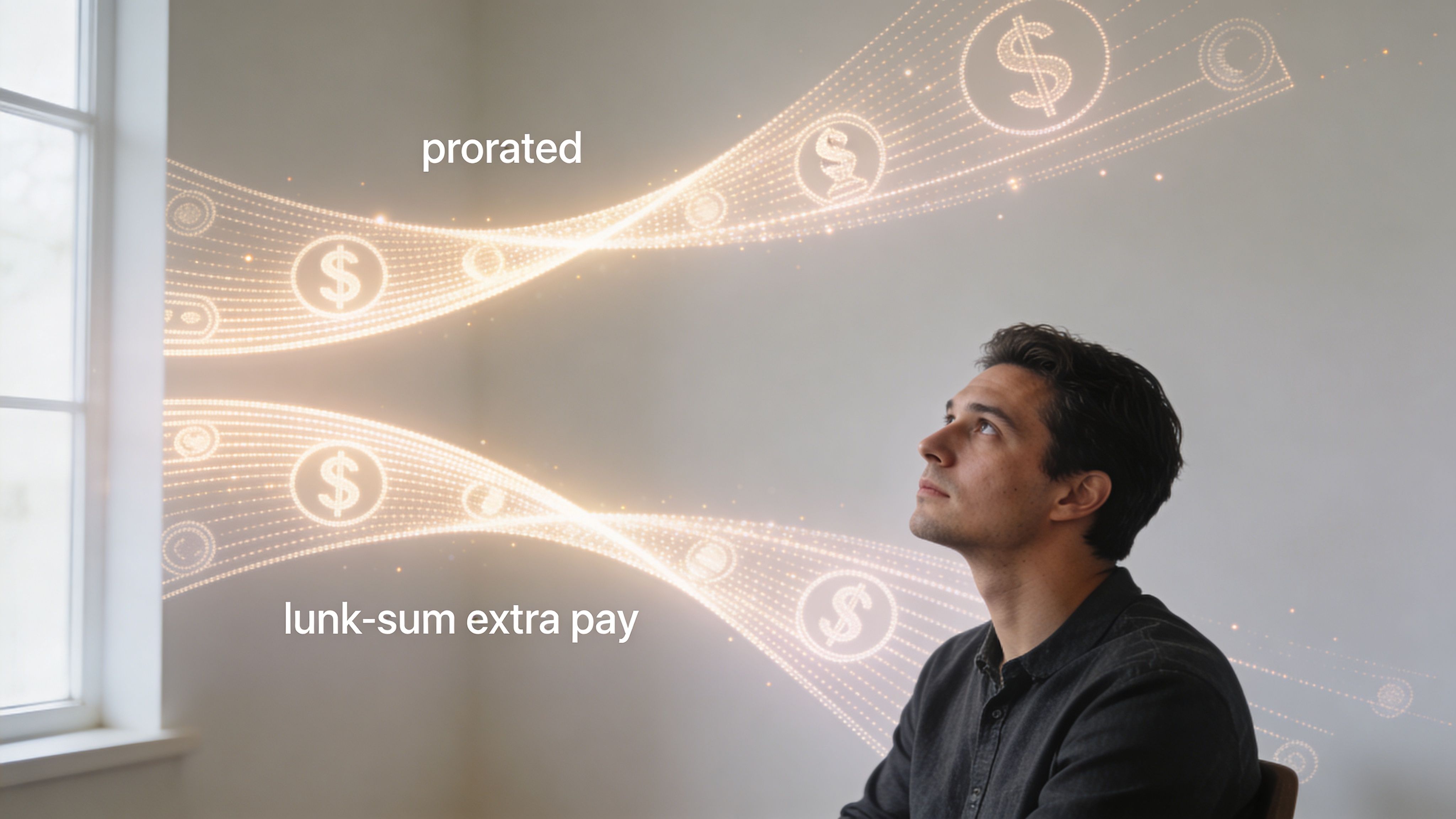 Un hombre reflexiona sobre sus opciones financieras entre pago prorrateado y paga extra navideña de una sola vez.