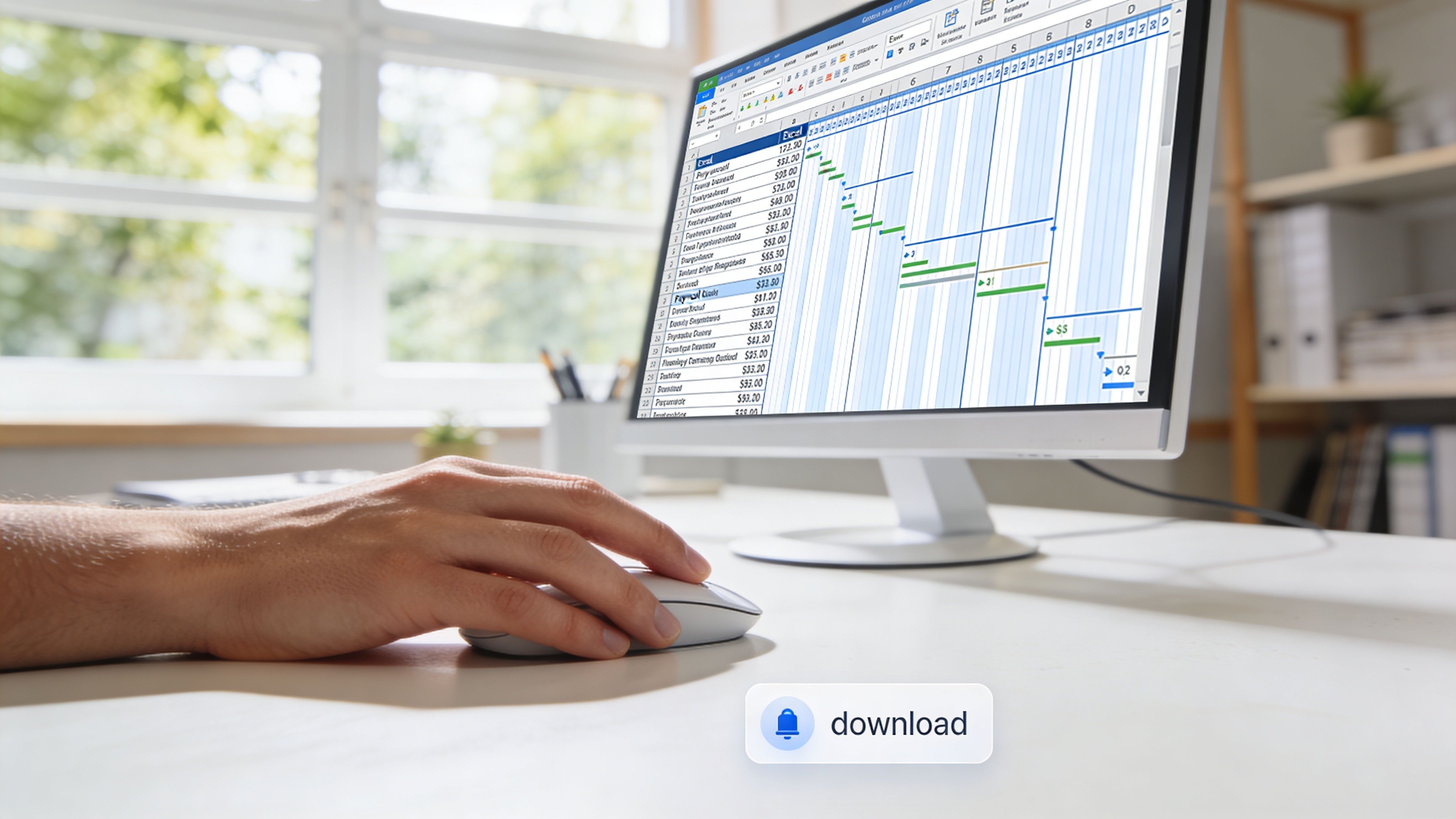 Una mano utilizando un ratón de ordenador frente a una pantalla mostrando gráficos de planificación y datos.