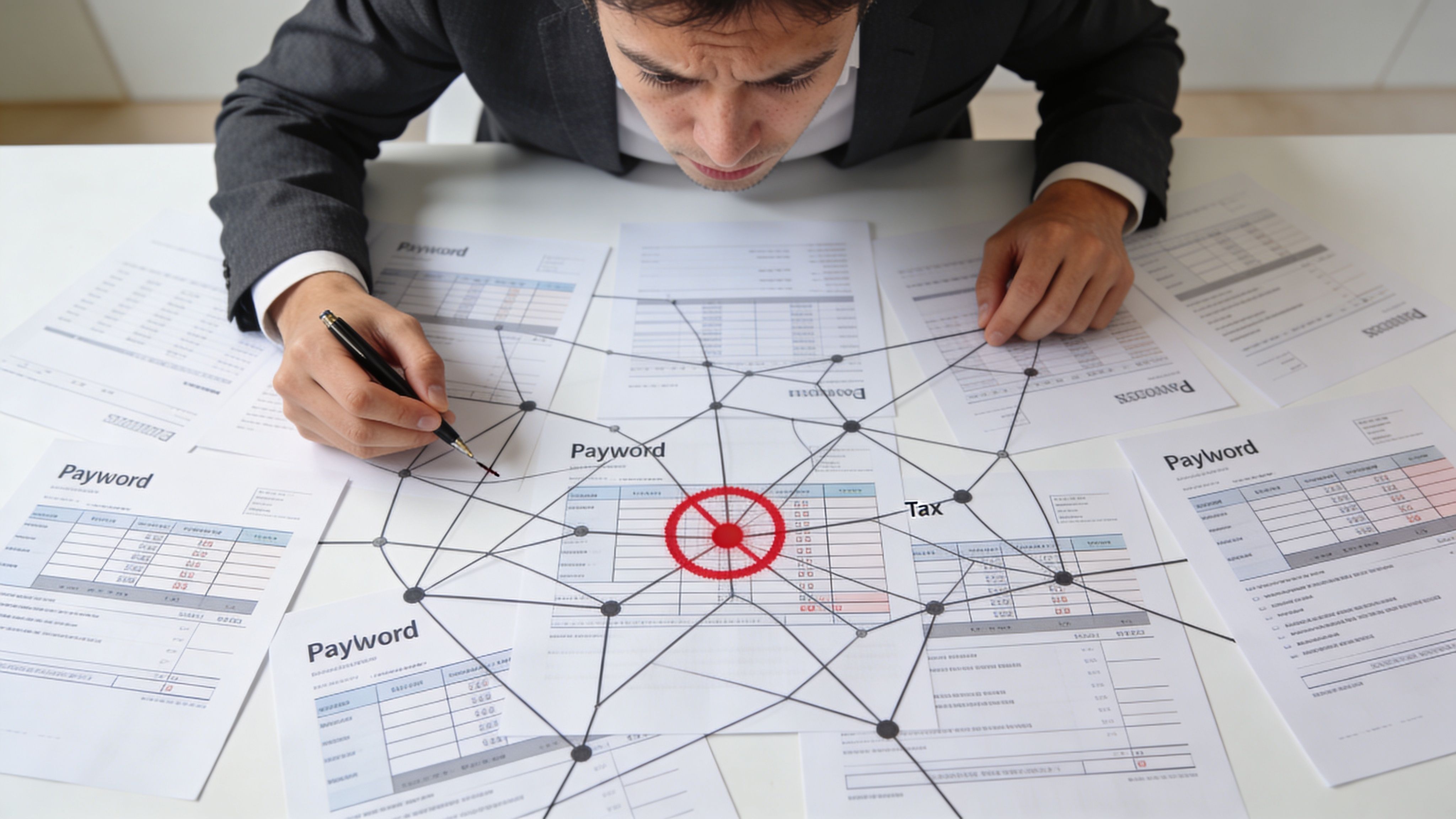 Un hombre de negocios analizando cuidadosamente documentos financieros con gráficos de red conectados sobre una mesa blanca.