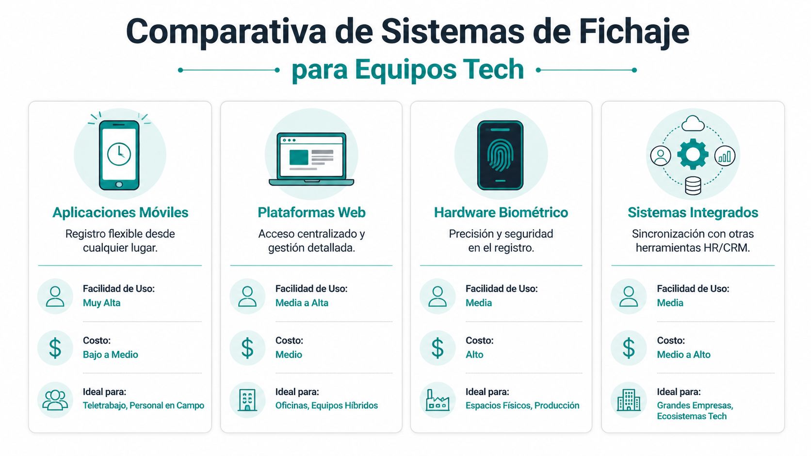 Comparativa visual de los sistemas de fichaje para equipos tech, incluyendo apps, web, biométricos y sistemas integrados.
