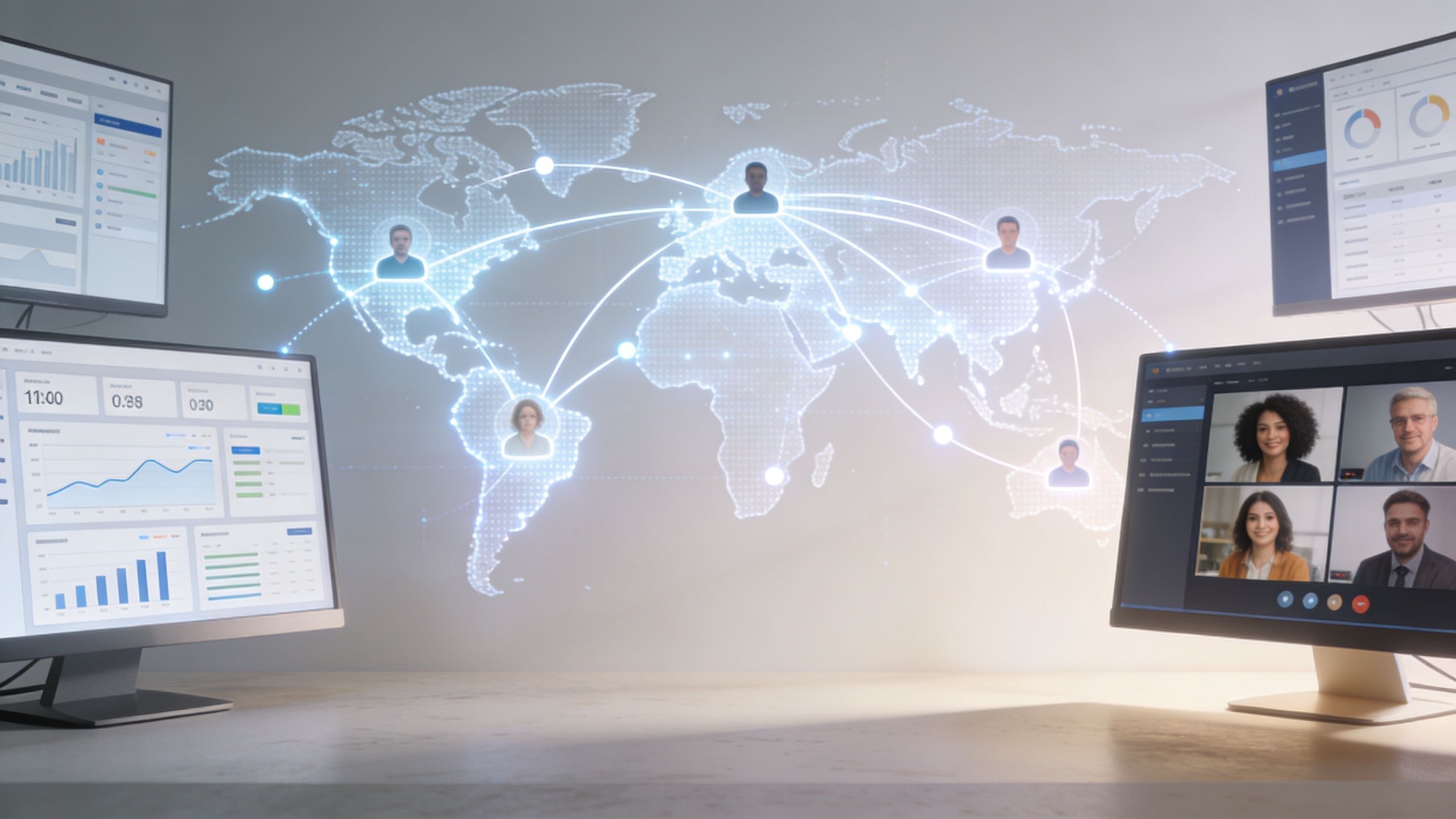 Pantallas de computadora mostrando gráficos estadísticos y una videoconferencia con un mapa del mundo conectado digitalmente.