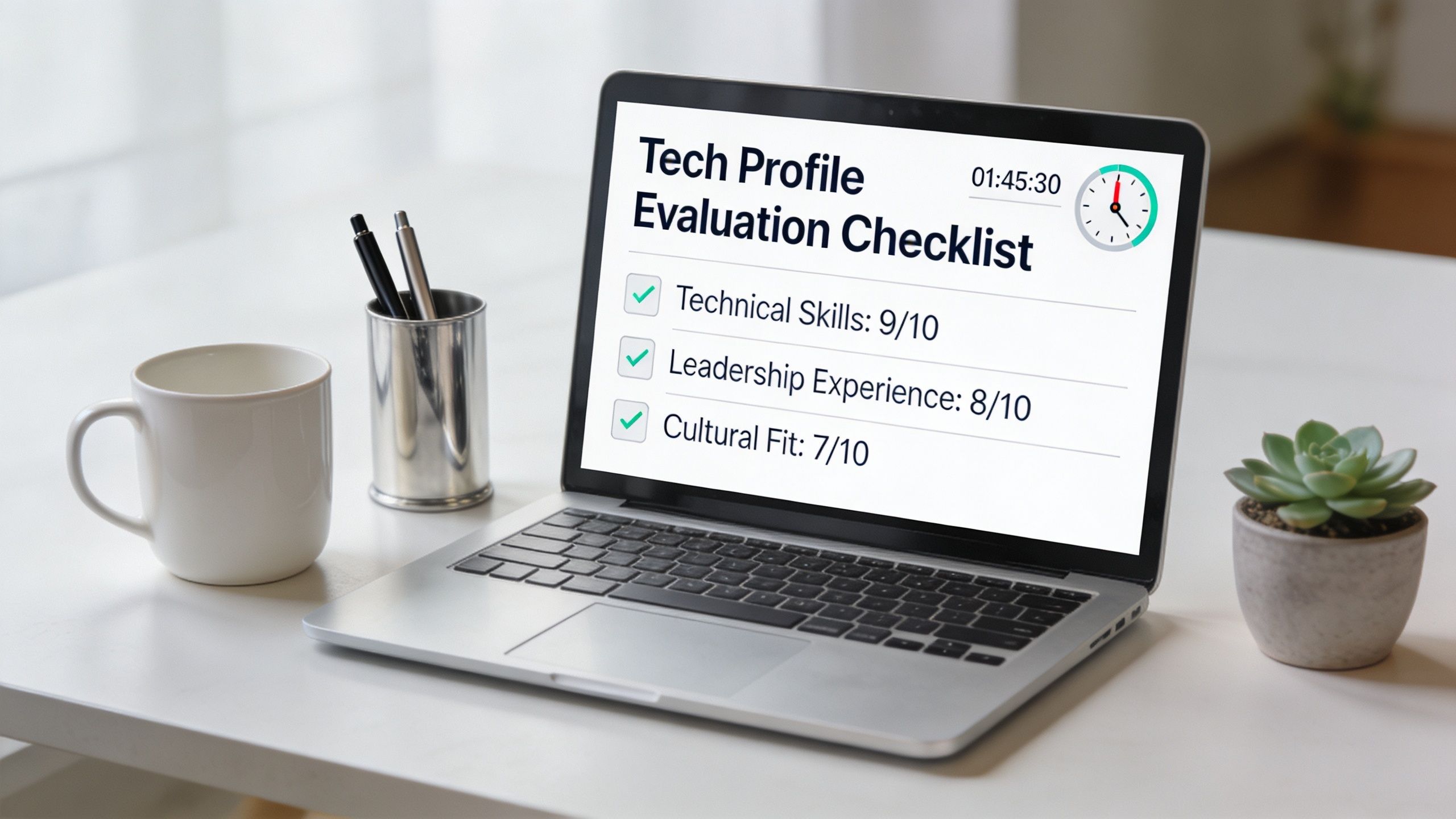 Ordenador portátil con una lista de verificación de evaluación de perfil técnico en la pantalla
