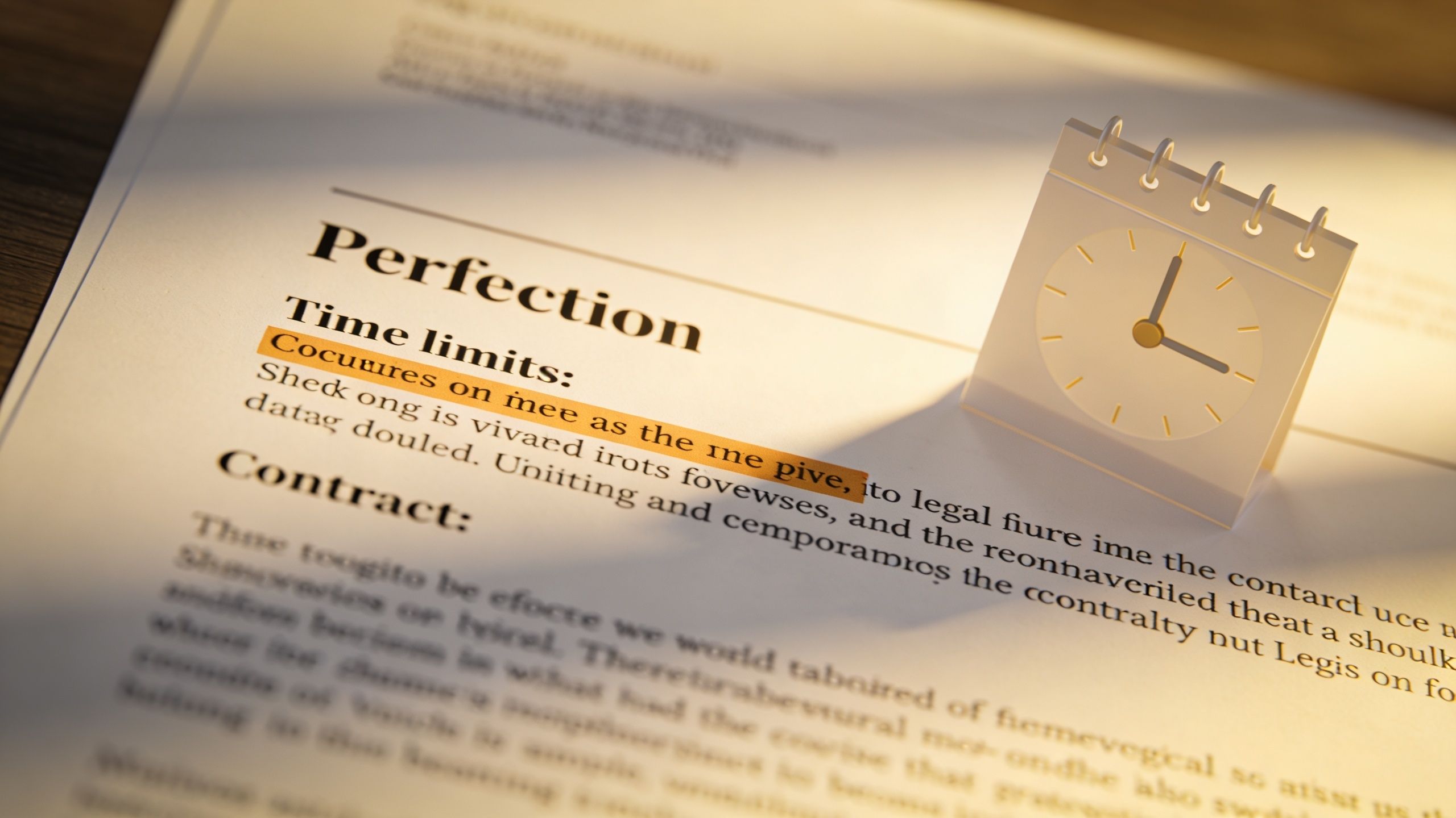 Documento impreso con el título Perfección junto a un calendario de escritorio con reloj sobre una mesa