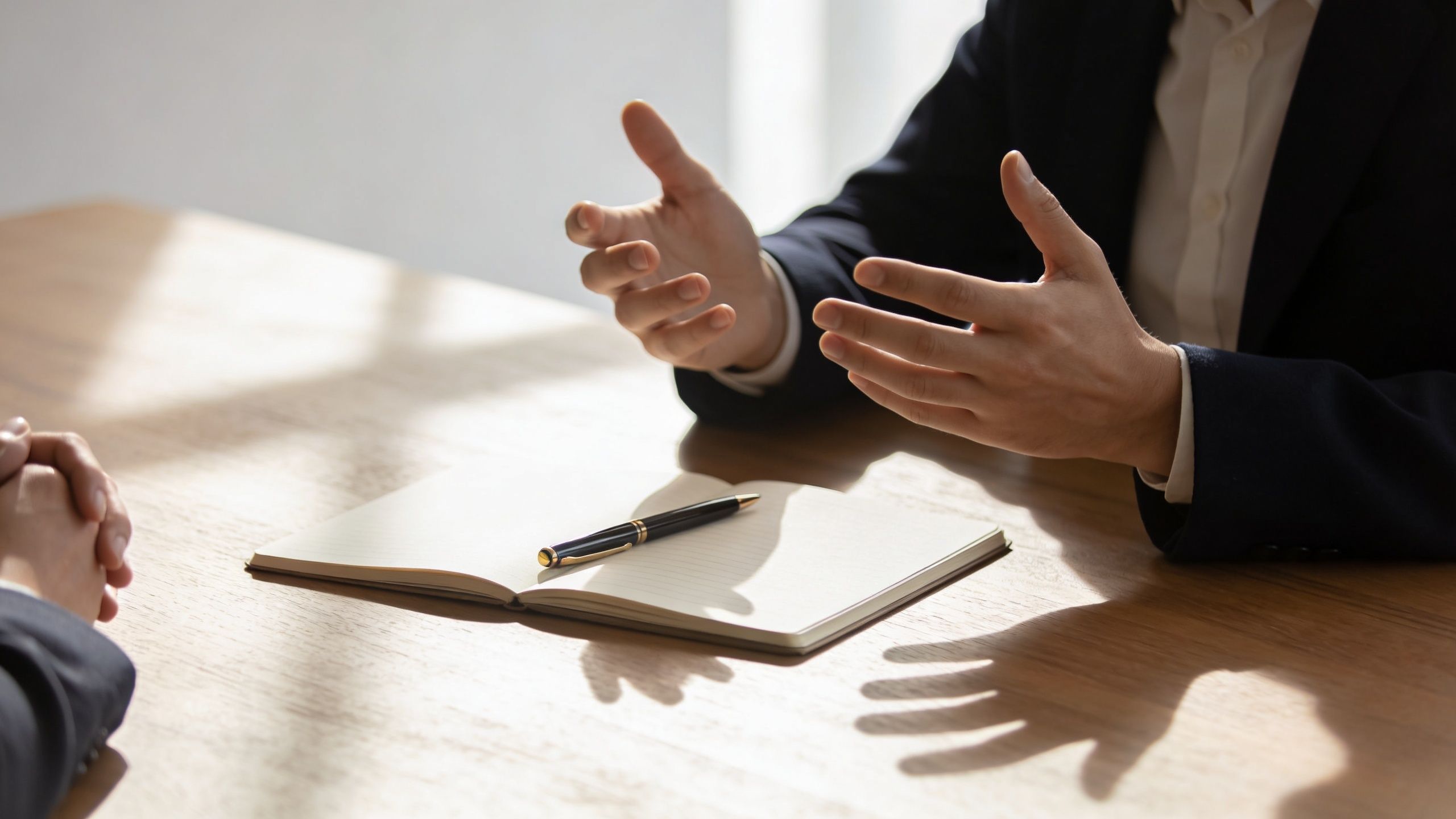 Dos personas en una entrevista de trabajo profesional hablando y usando una libreta sobre una mesa.