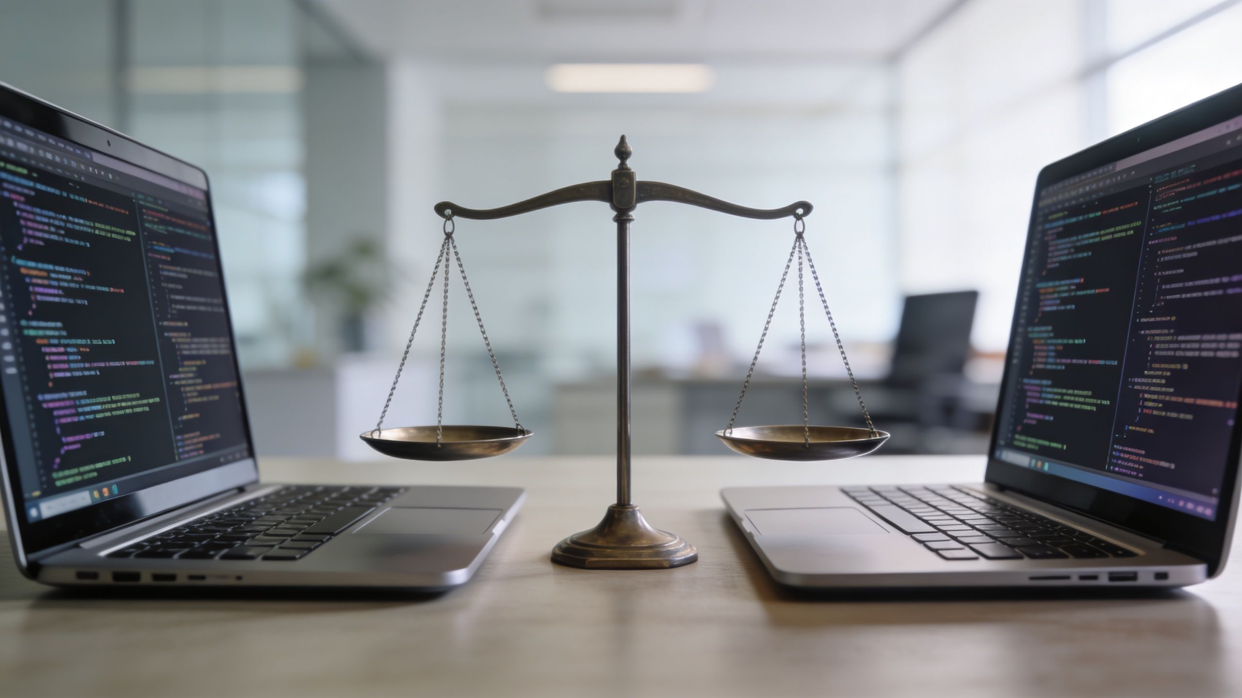 Una balanza de justicia dorada situada entre dos computadoras portátiles con código de programación en la oficina.