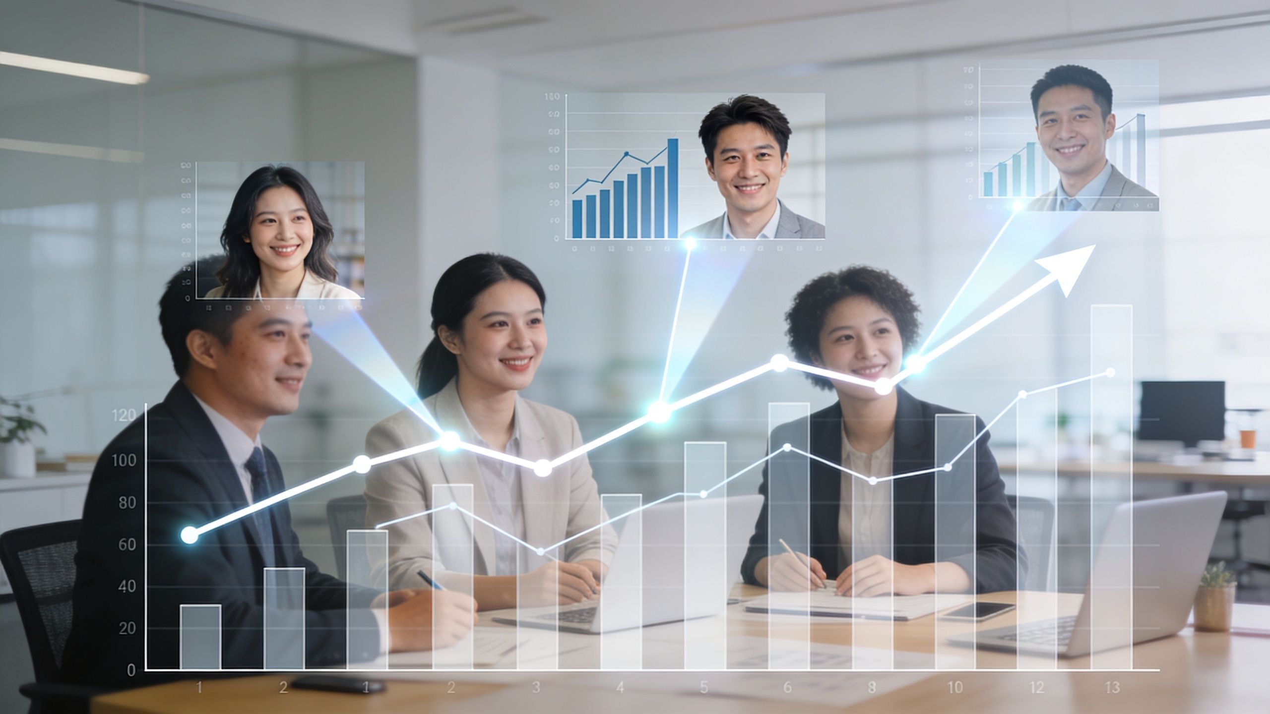 Un equipo de profesionales analizando gráficos de crecimiento empresarial en una oficina moderna y brillante