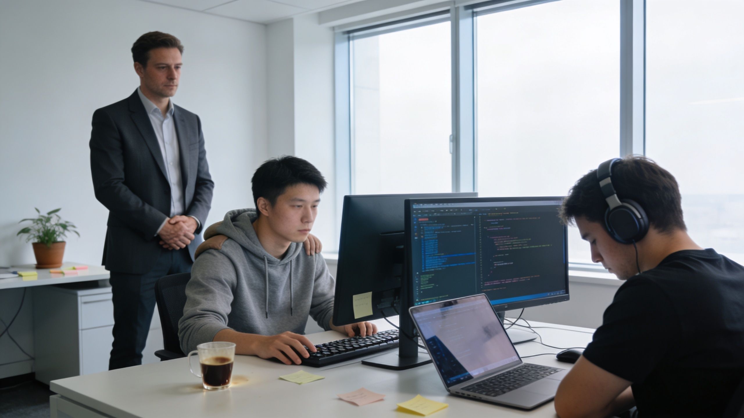 Un gerente observa a dos jóvenes programadores trabajando intensamente en sus computadoras dentro de una oficina moderna.