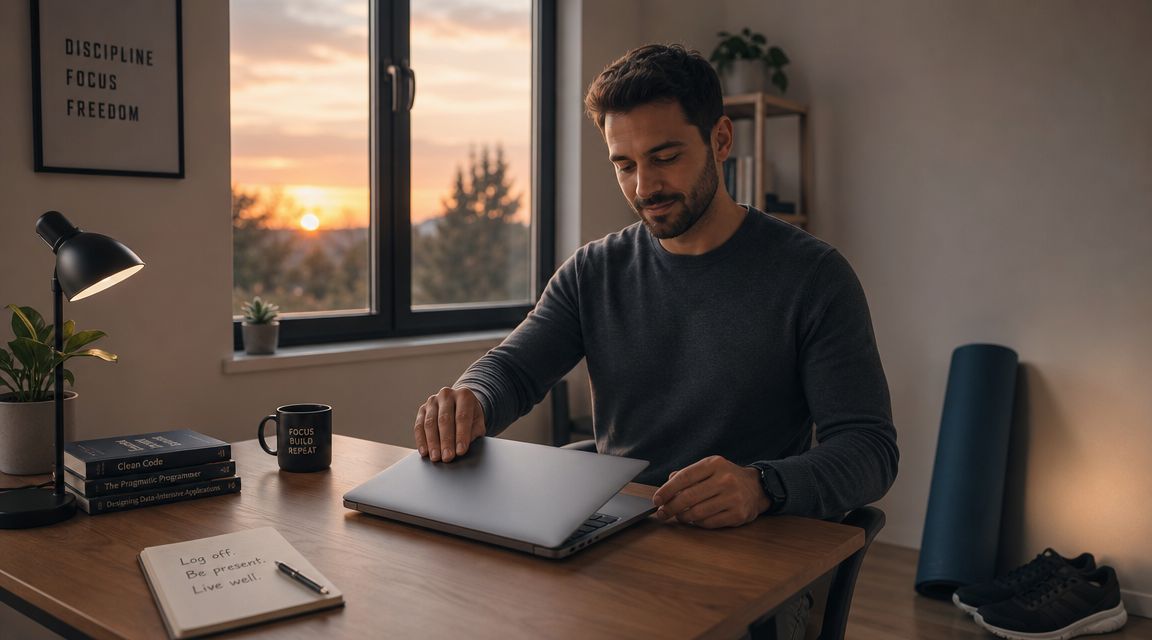 Un hombre cerrando su laptop al atardecer en una oficina moderna, promoviendo el equilibrio vida laboral y personal.