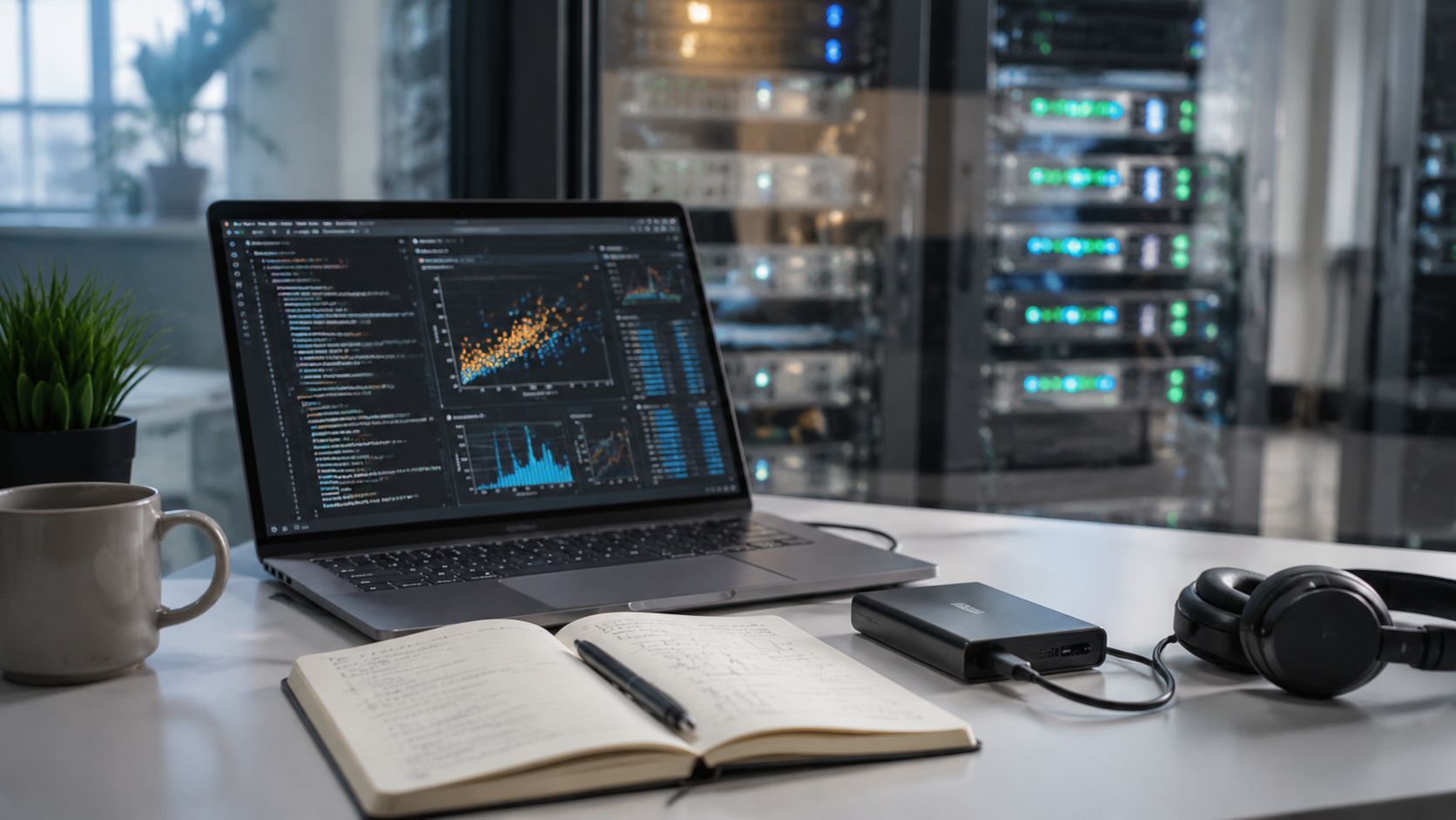 Escritorio de oficina con una computadora portátil, notas de programación, un dispositivo de almacenamiento y auriculares profesionales.