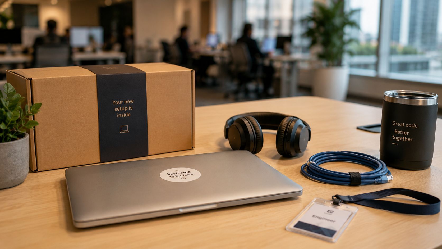 Paquete de bienvenida corporativo con laptop, auriculares y materiales de oficina sobre un escritorio de trabajo.