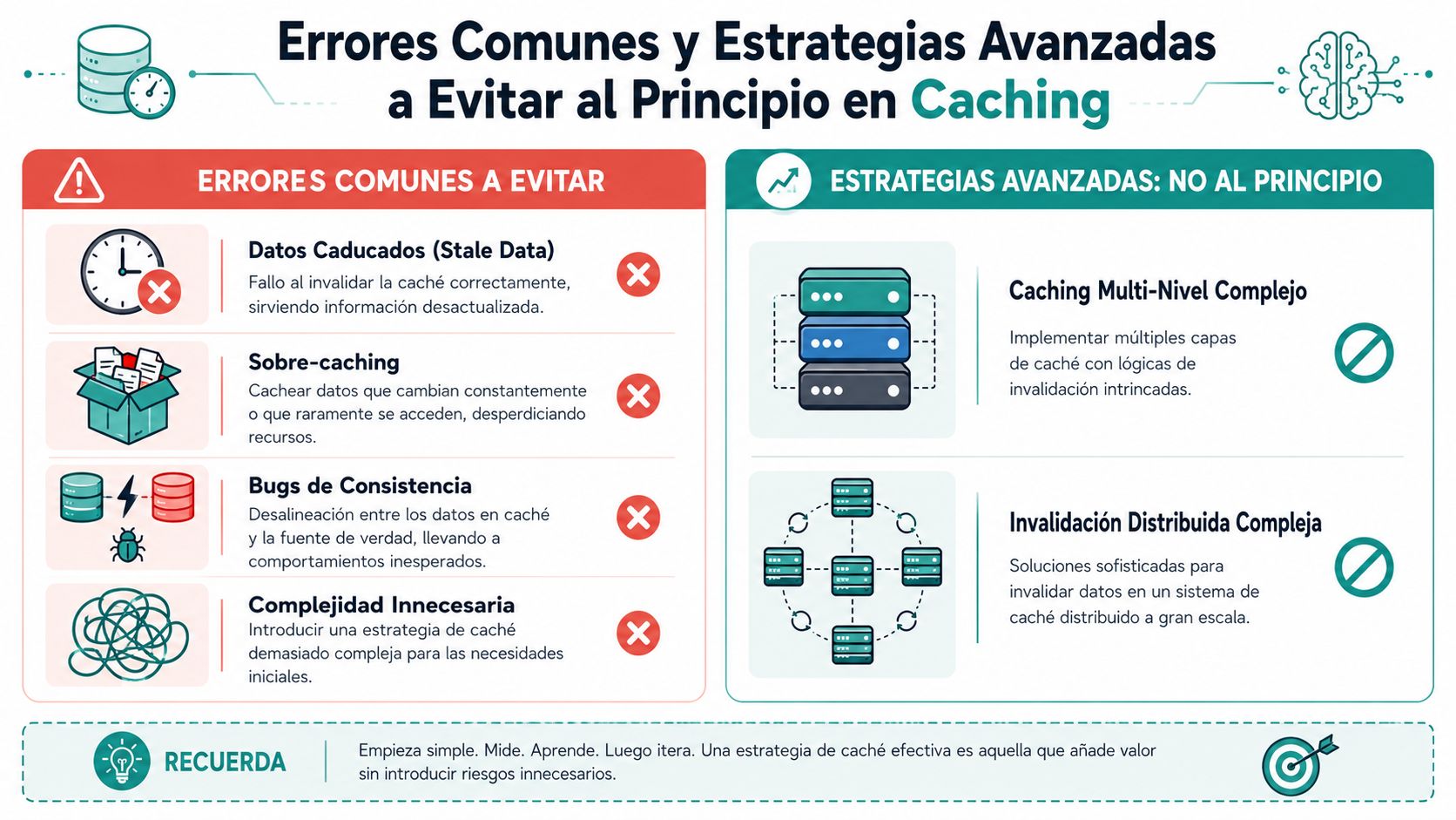 Infografía sobre errores comunes en caching y estrategias avanzadas que se deben evitar al principio del desarrollo.