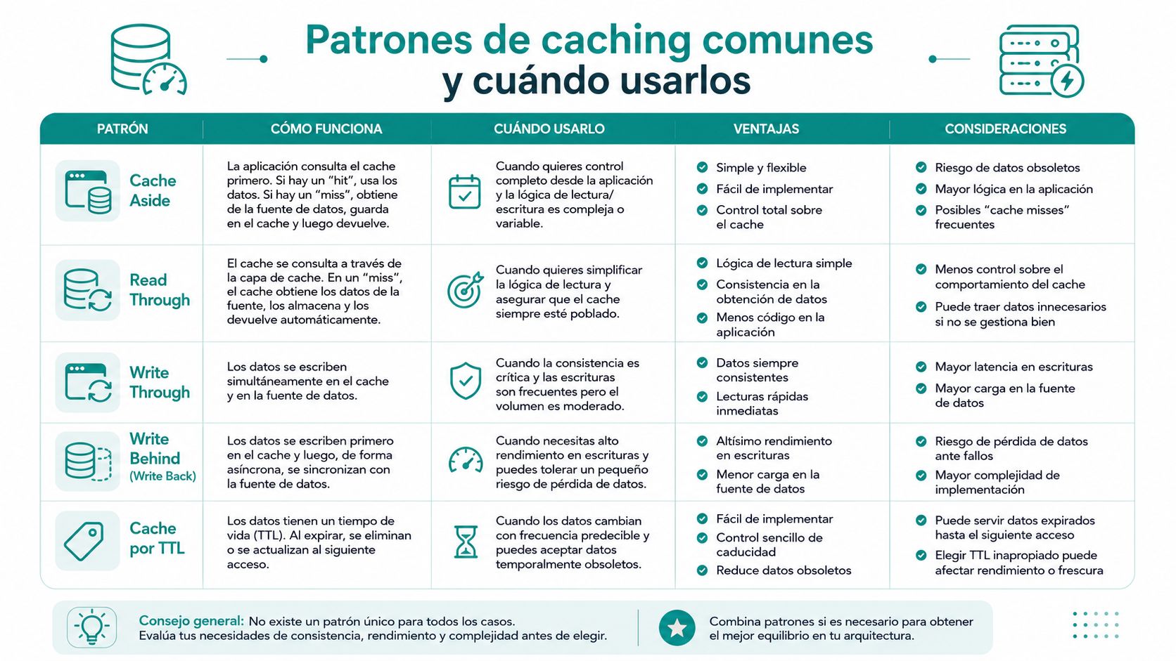 Tabla comparativa de patrones de caching comunes explicando funcionamiento, cuándo usarlos, ventajas y consideraciones clave.