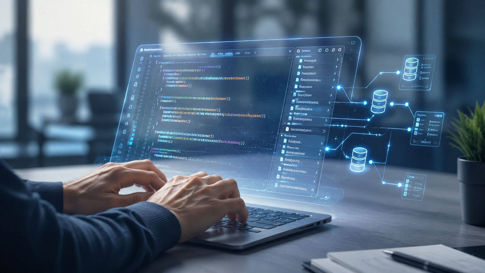 Una persona escribiendo código en una laptop con una interfaz digital holográfica que muestra bases de datos conectadas.
