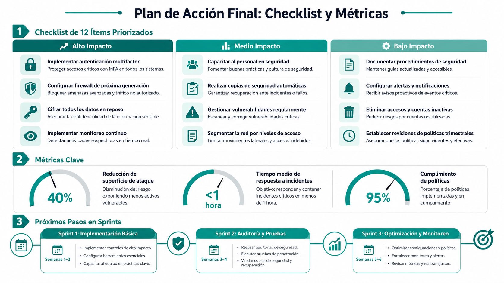 Infografía con un plan de acción de seguridad informática dividido en checklist, métricas y sprints de implementación.