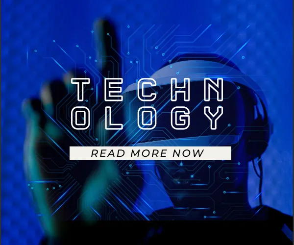 Person wearing VR headset with finger pointing, blue tech background, text 'TECHNOLOGY' and 'READ MORE NOW'.