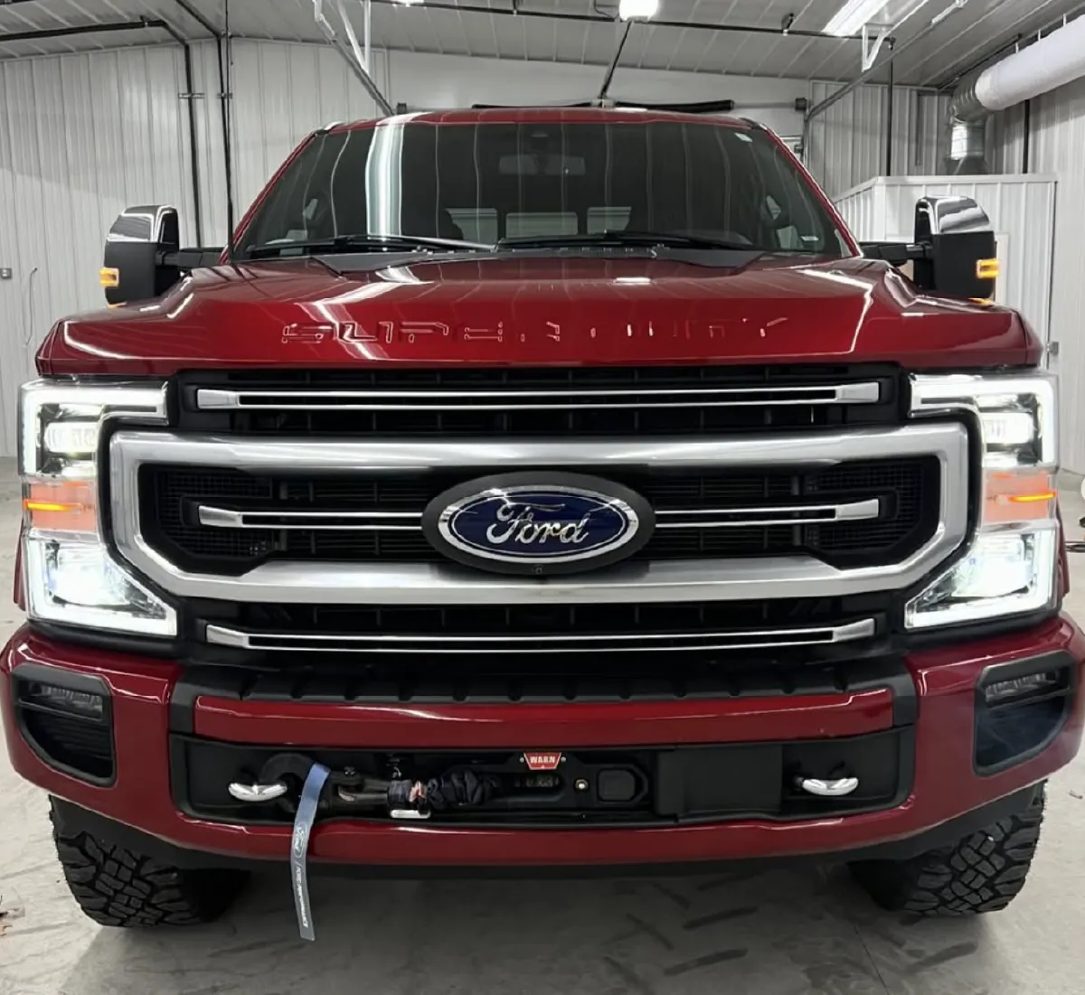 Red ford truck in temperature controlled garage