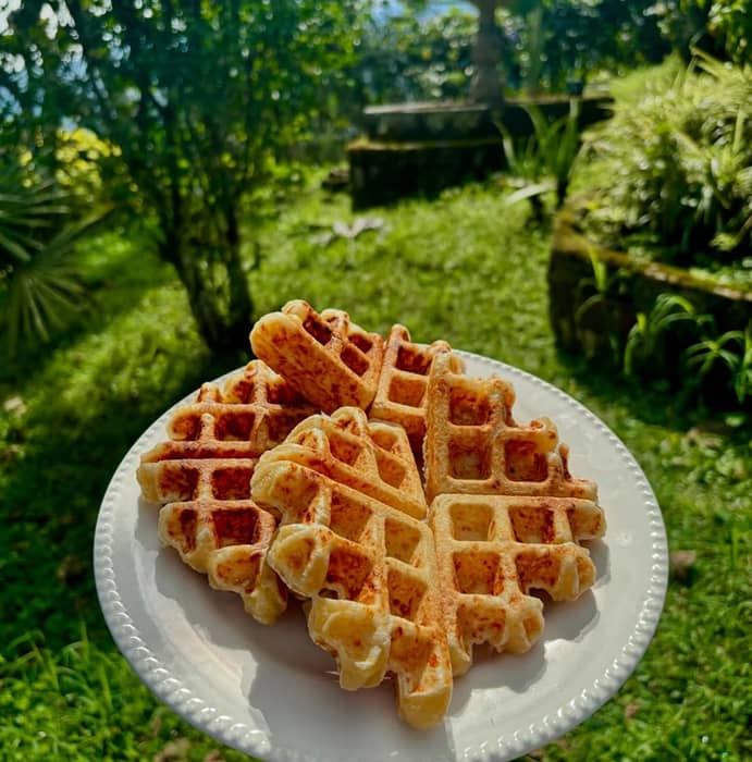 Waffle made out of Pandebono from Bacata Colombian Coffee, a cozy coffee shop based in Ottawa Ontario Canada specializing in specialty coffee, serving 100% Colombian coffee with artisanal filtered brewing methods. Authentic Colombian coffee shop in Ottawa serving specialty coffee, traditional Colombian espresso, fresh arepas, homemade empanadas, and Latin American pastries. Experience real Colombian flavor with locally roasted coffee beans, handcrafted drinks, and delicious Colombian food in a warm, welcoming café atmosphere. Perfect for coffee lovers looking for the best Colombian café in Ottawa, Ontario.