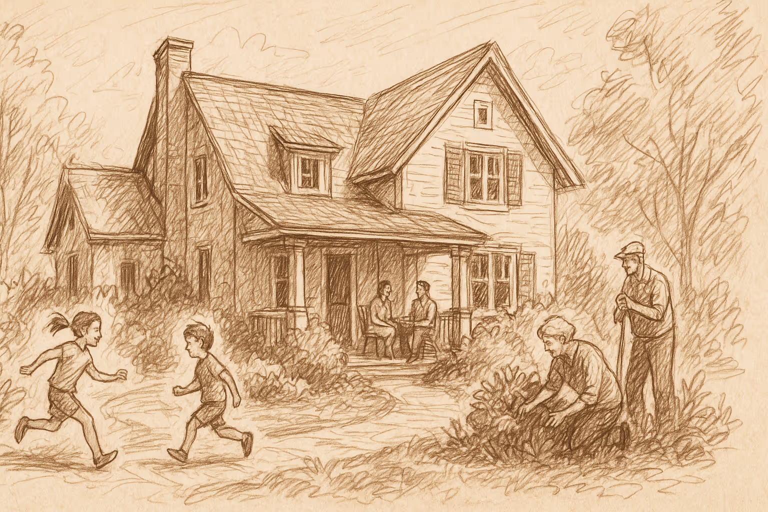 A sketch of a multi-gen home with three generations spending time in the front yard.